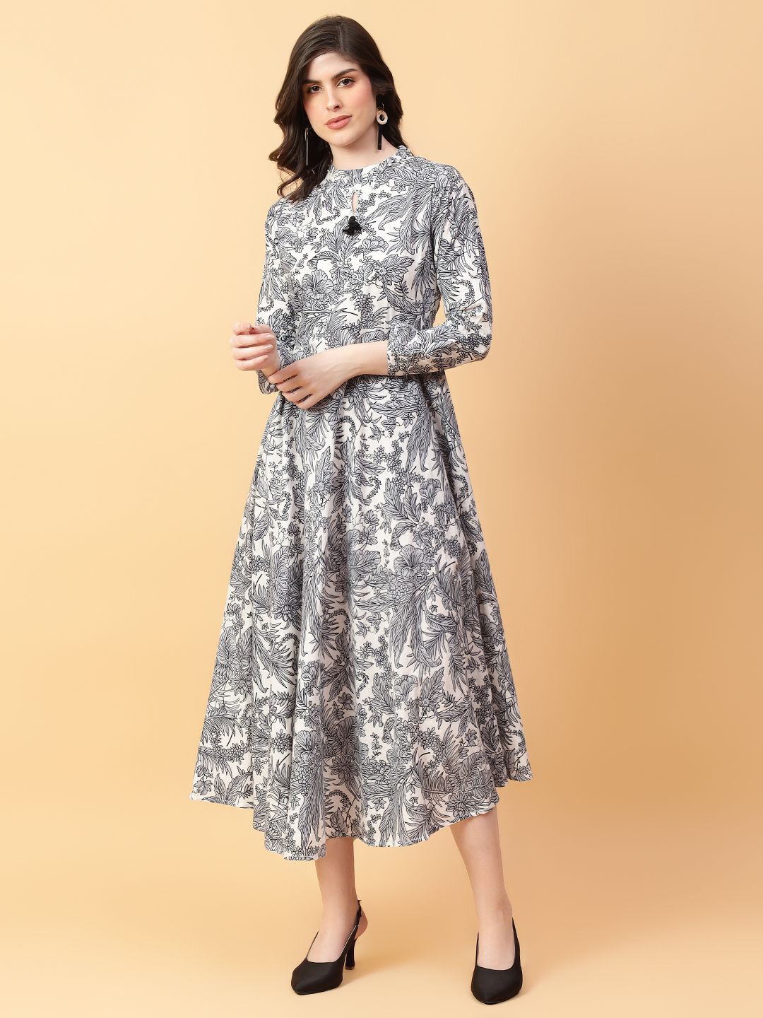 

aayusika Women Cotton Floral Embroidered Fit and Flare Midi Dress, Black