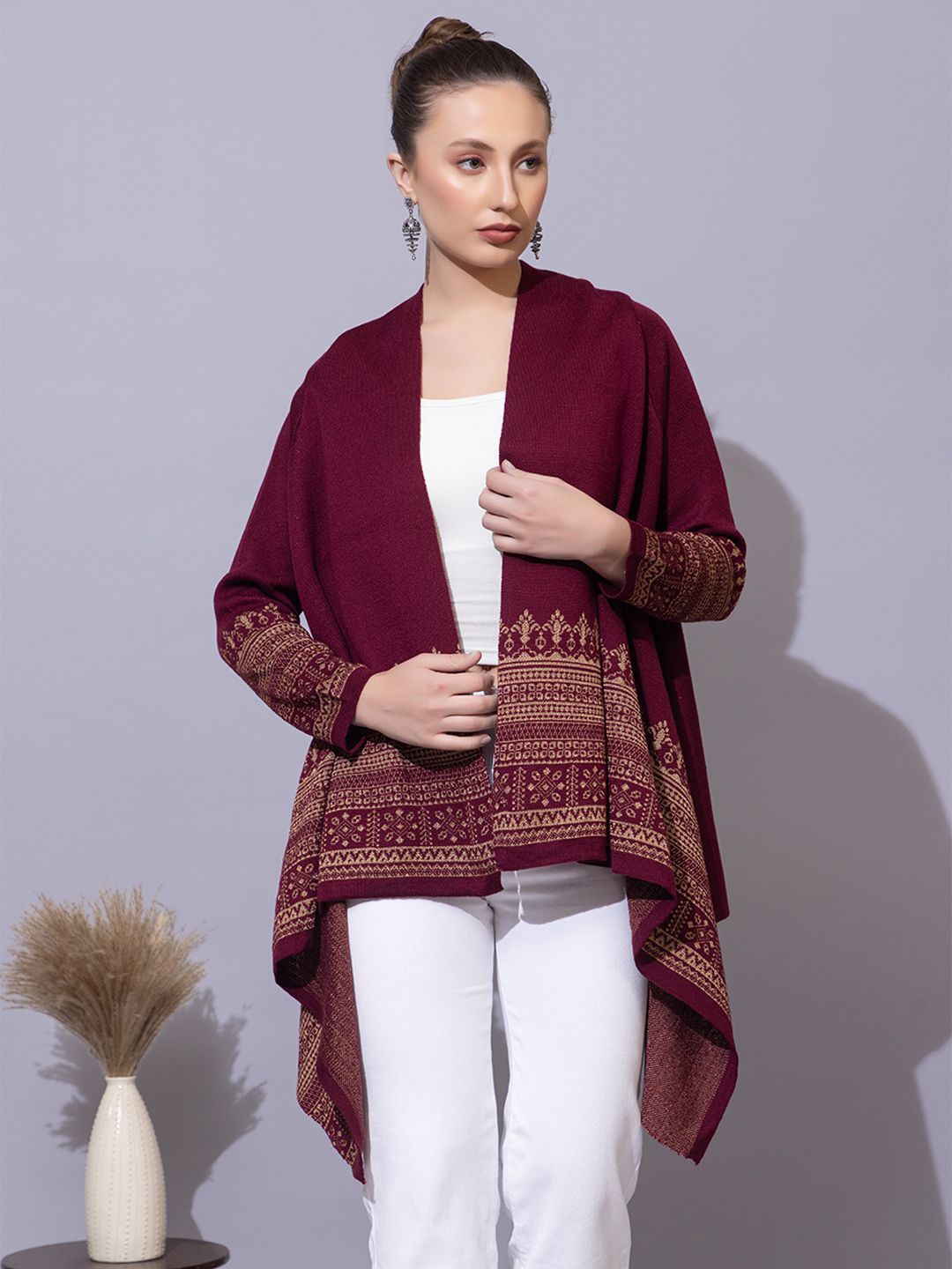 

Anouk Maroon Ethnic Motifs Printed Open Front Shrug
