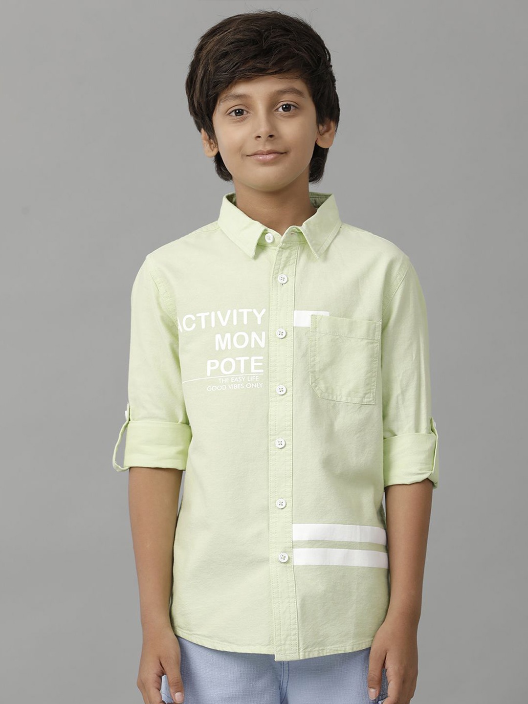 

UNDER FOURTEEN ONLY Boys Spread Collar Typography Printed Cotton Casual Shirt, Green