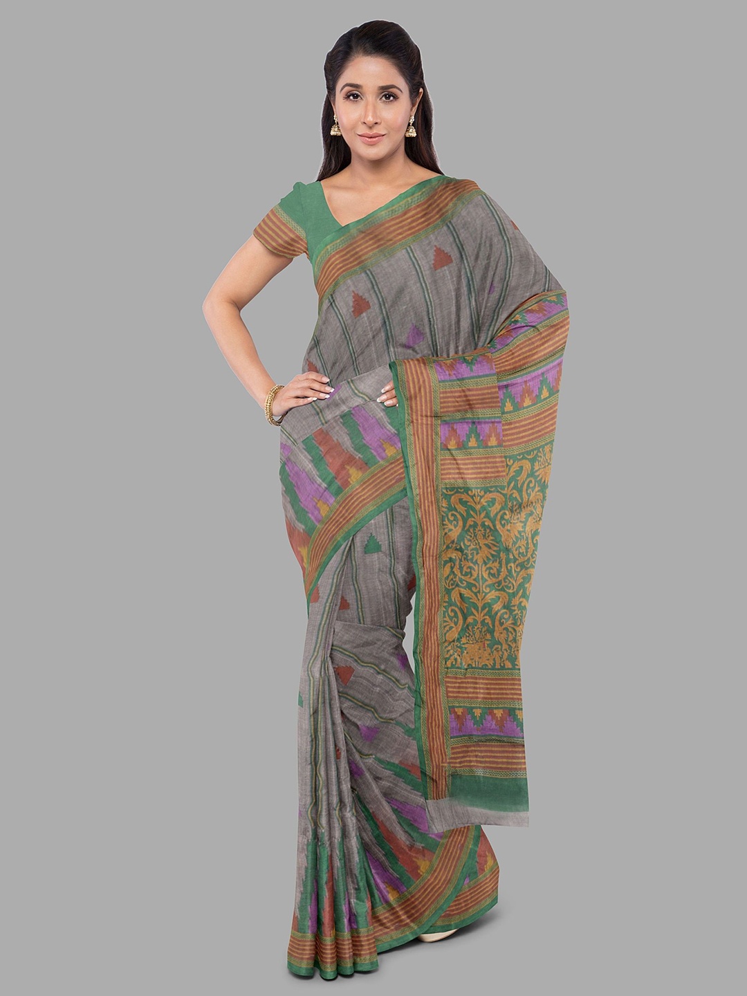 

The Chennai Silks Abstract Printed Pure Cotton Gadwal Saree, Grey