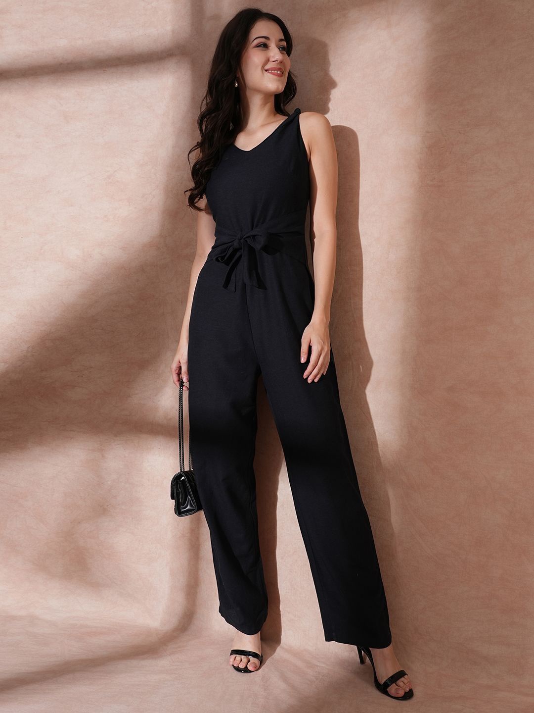 

Globus Women Basic Waist Tie-Up Longline Cotton Jumpsuit, Black