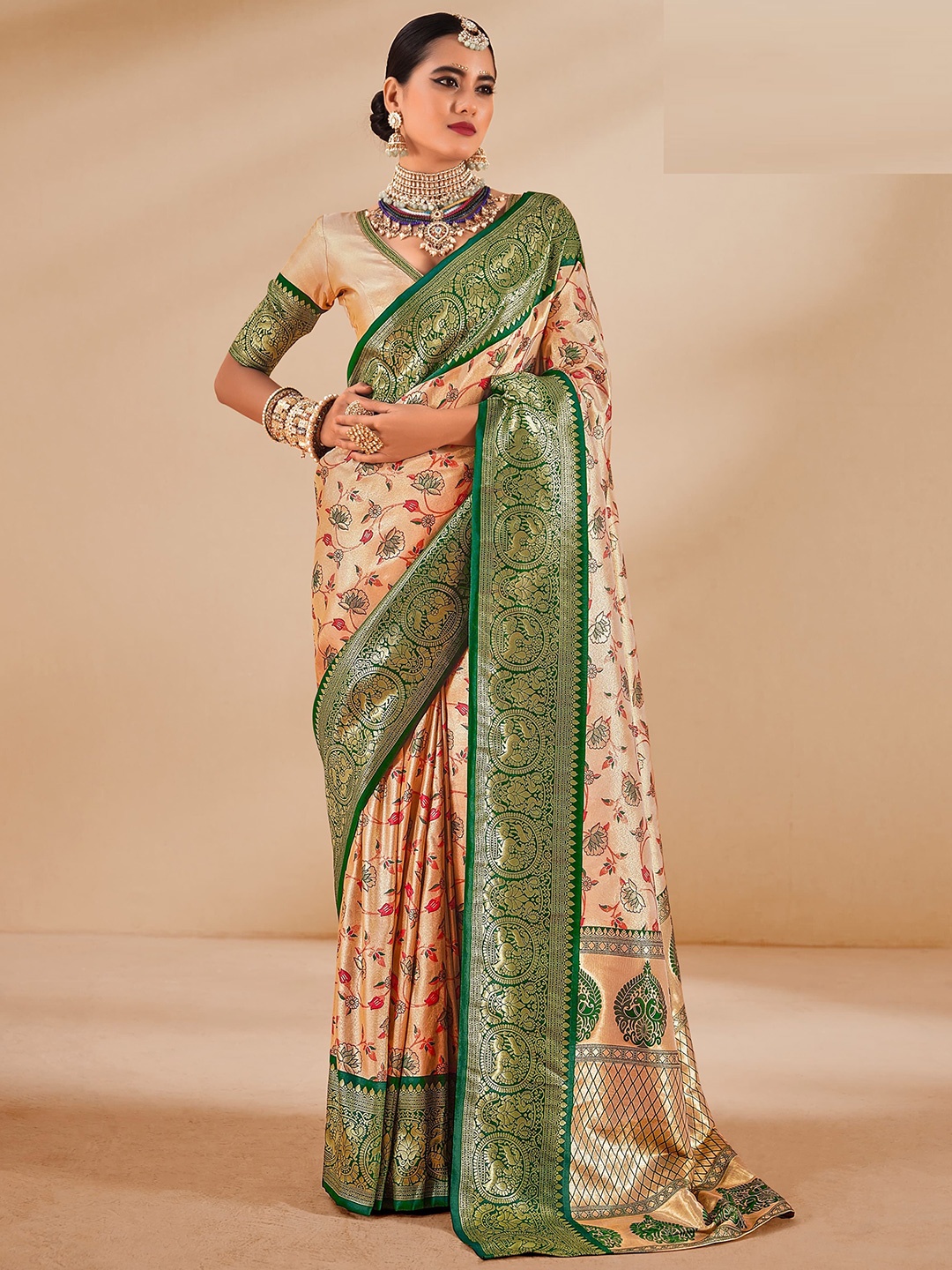 

MAHALASA Ethnic Motifs Woven Design Zari Tissue Designer Kanjeevaram Saree, Green