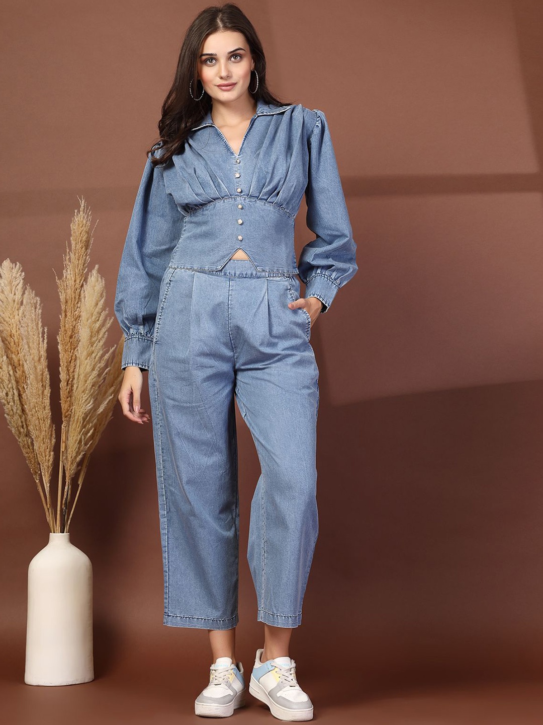 

plusS Blue Shirt Collar Long Sleeves Pure Cotton Top With Trouser