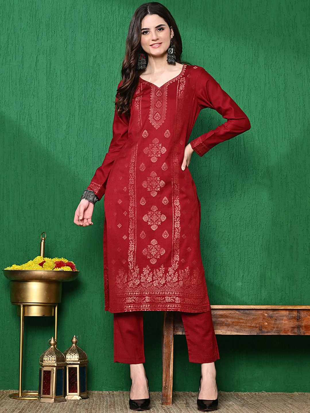 

Sangria Winter Pashmina Ethnic Motifs Woven Design Kurta With Trouser, Red