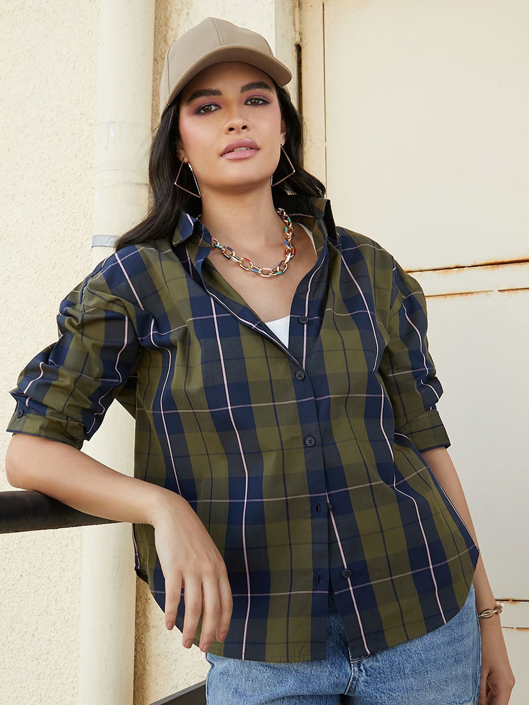 

Campus Sutra Women Comfort Spread Collar Checked Oversized Casual Shirt, Olive