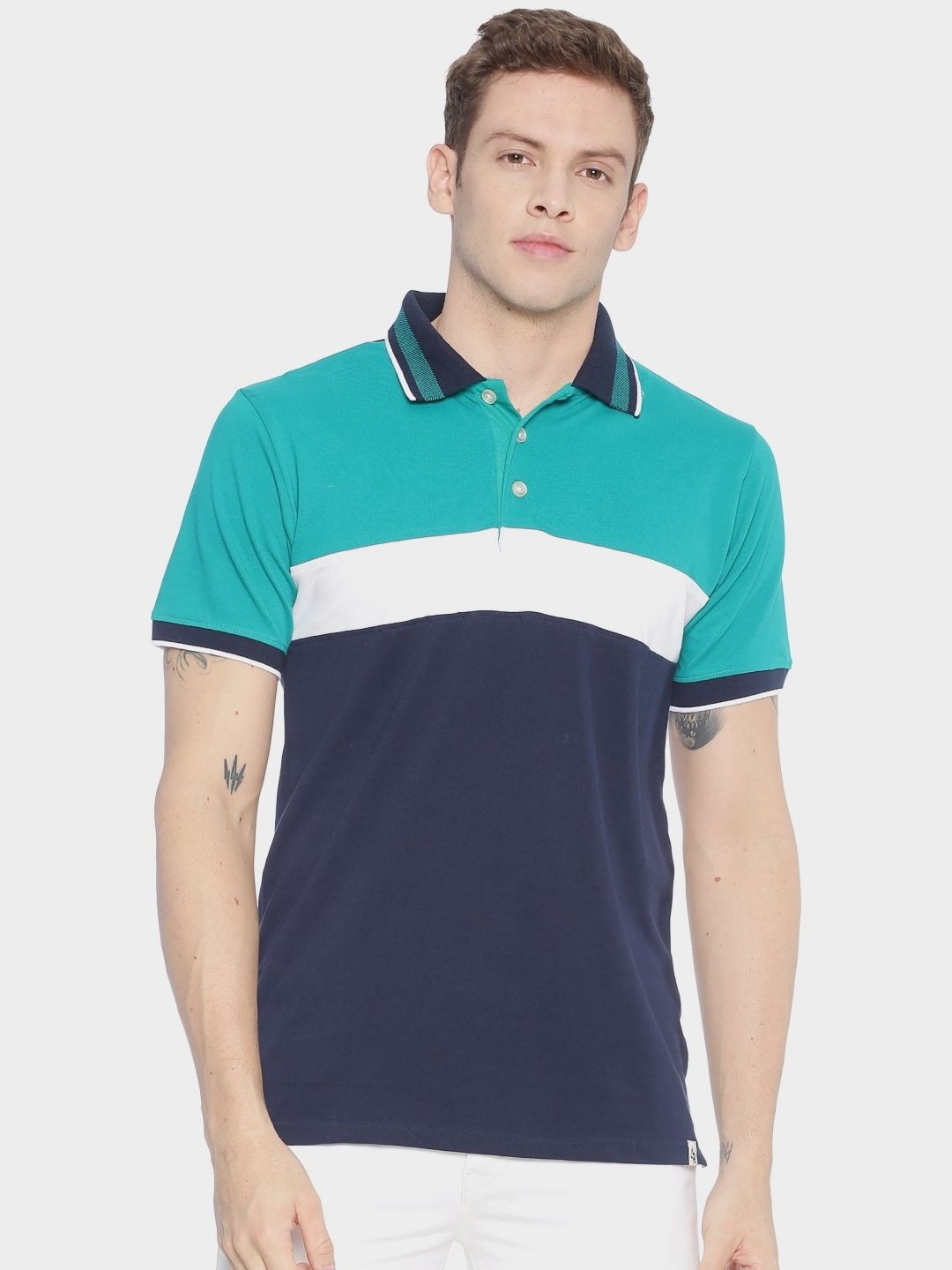 

ADRO Men Colourblocked Polo Collar T-shirt, Turquoise blue