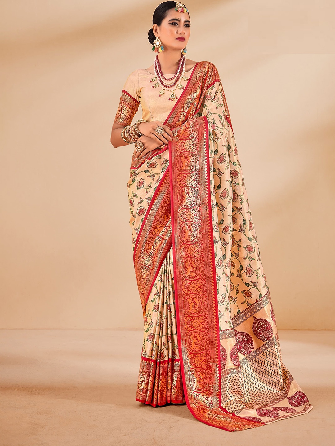 

MAHALASA Woven Design Kanjeevaram Saree, Beige