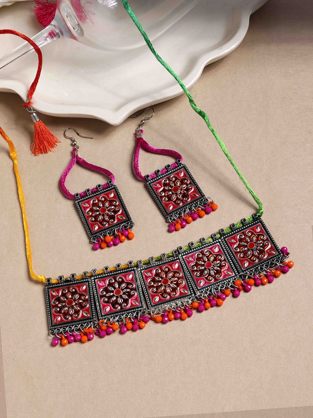 

Anouk Orange & Pink Silver-Plated Beaded Jewellery Set
