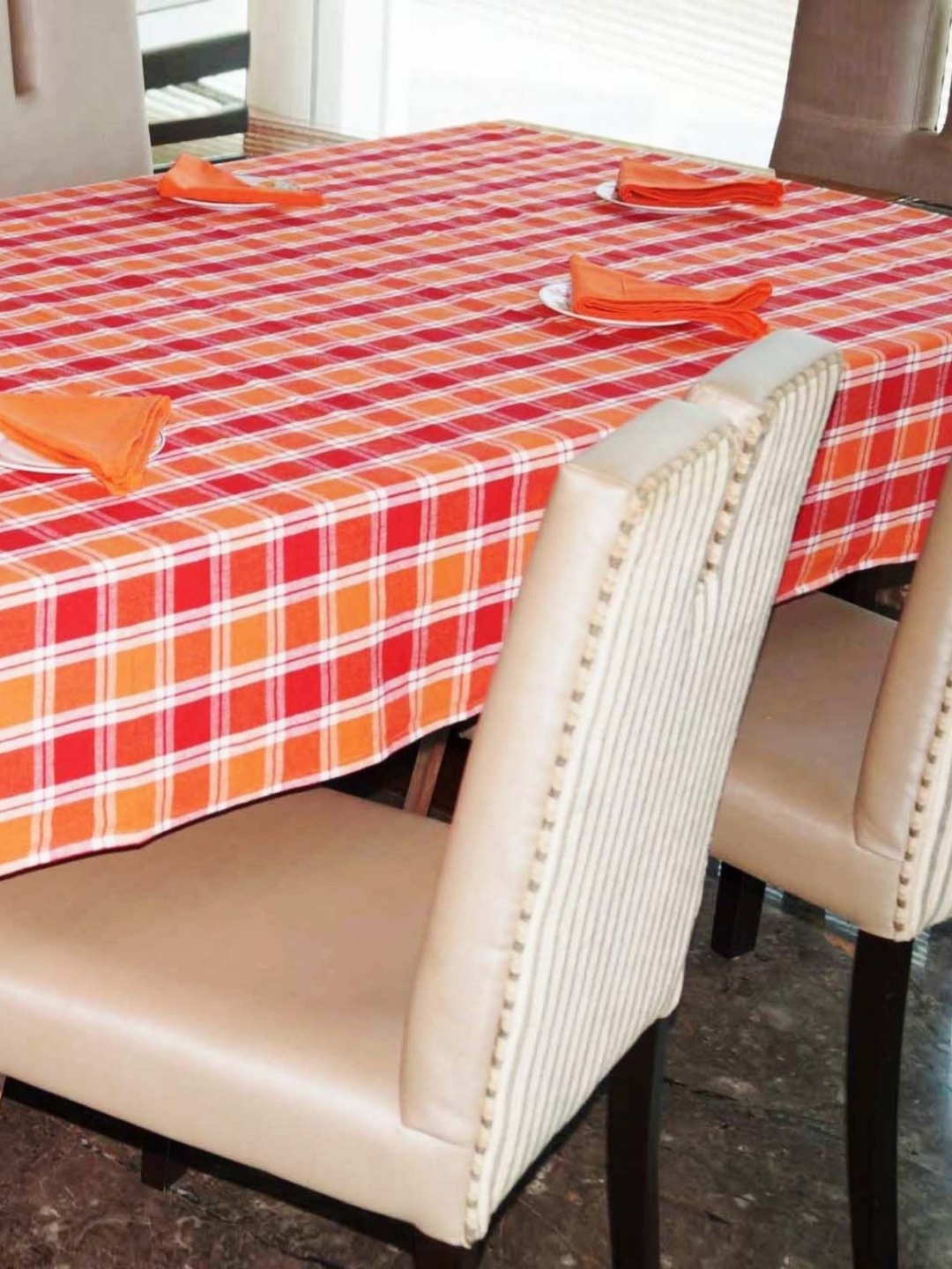 

Lushomes Orange-Coloured & Red 7 Pieces Checked Printed Pure Cotton Table Cover