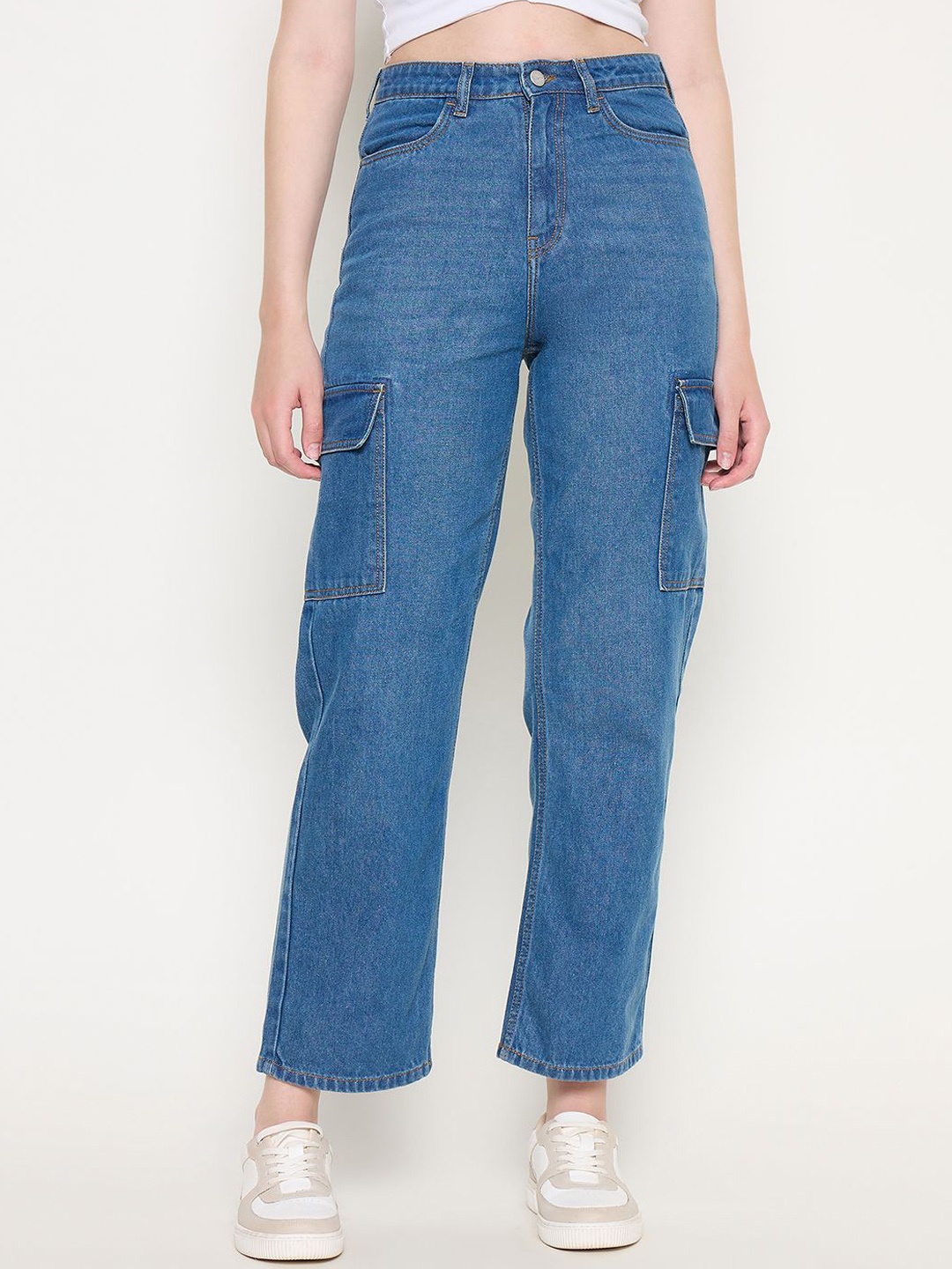 

Madame Women Cotton Mid-Rise Cargo Jeans, Blue