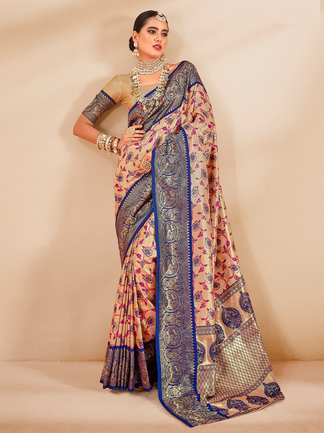 

MAHALASA Women Ethnic Motifs Zari Tissue Designer Kanjeevaram Saree, Blue