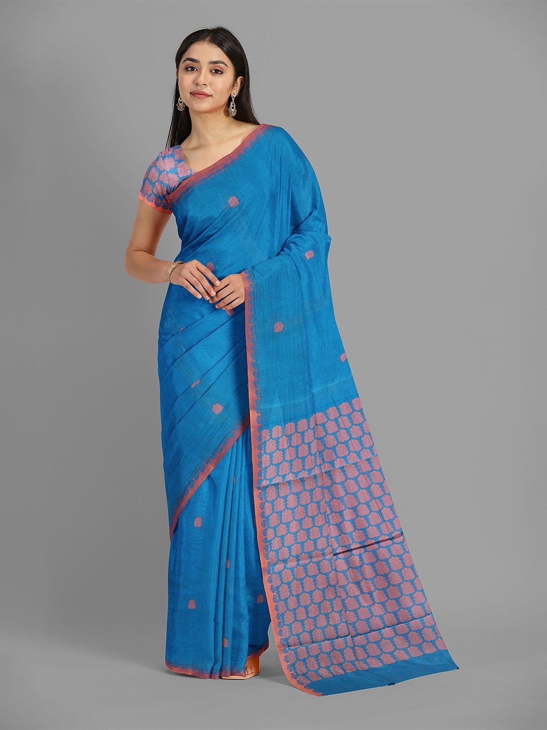 

The Chennai Silks Floral Zari Silk Cotton Maheshwari Saree, Blue