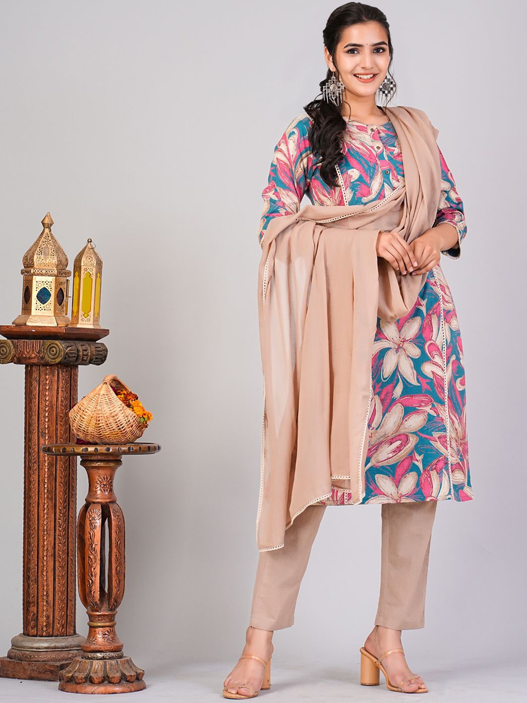 

FLAMBOYANT Round Neck Floral Printed Pure Cotton Straight Kurta with Trouser & Dupatta, Pink
