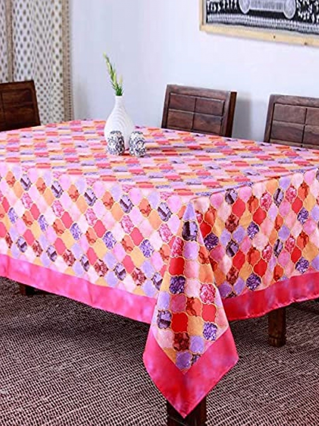 

Lushomes Pink & Purple Geometric Printed 6-Seater Table Cover
