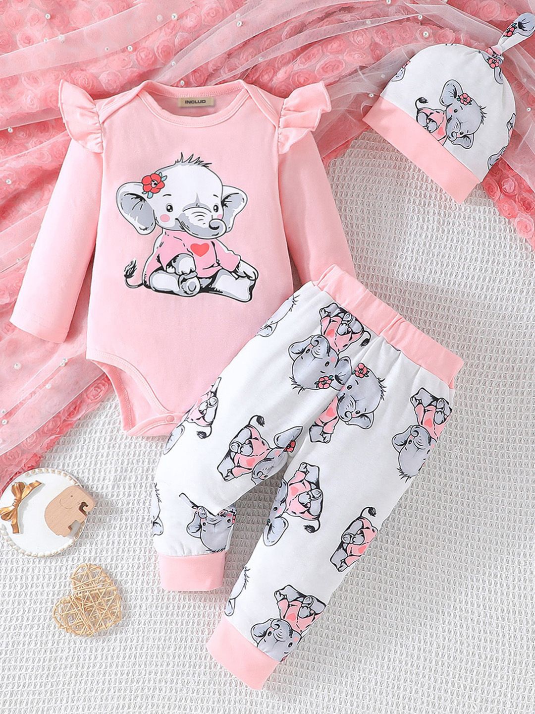 

INCLUD Girls Printed Round Neck Long Sleeves Romper With Jogger, Pink