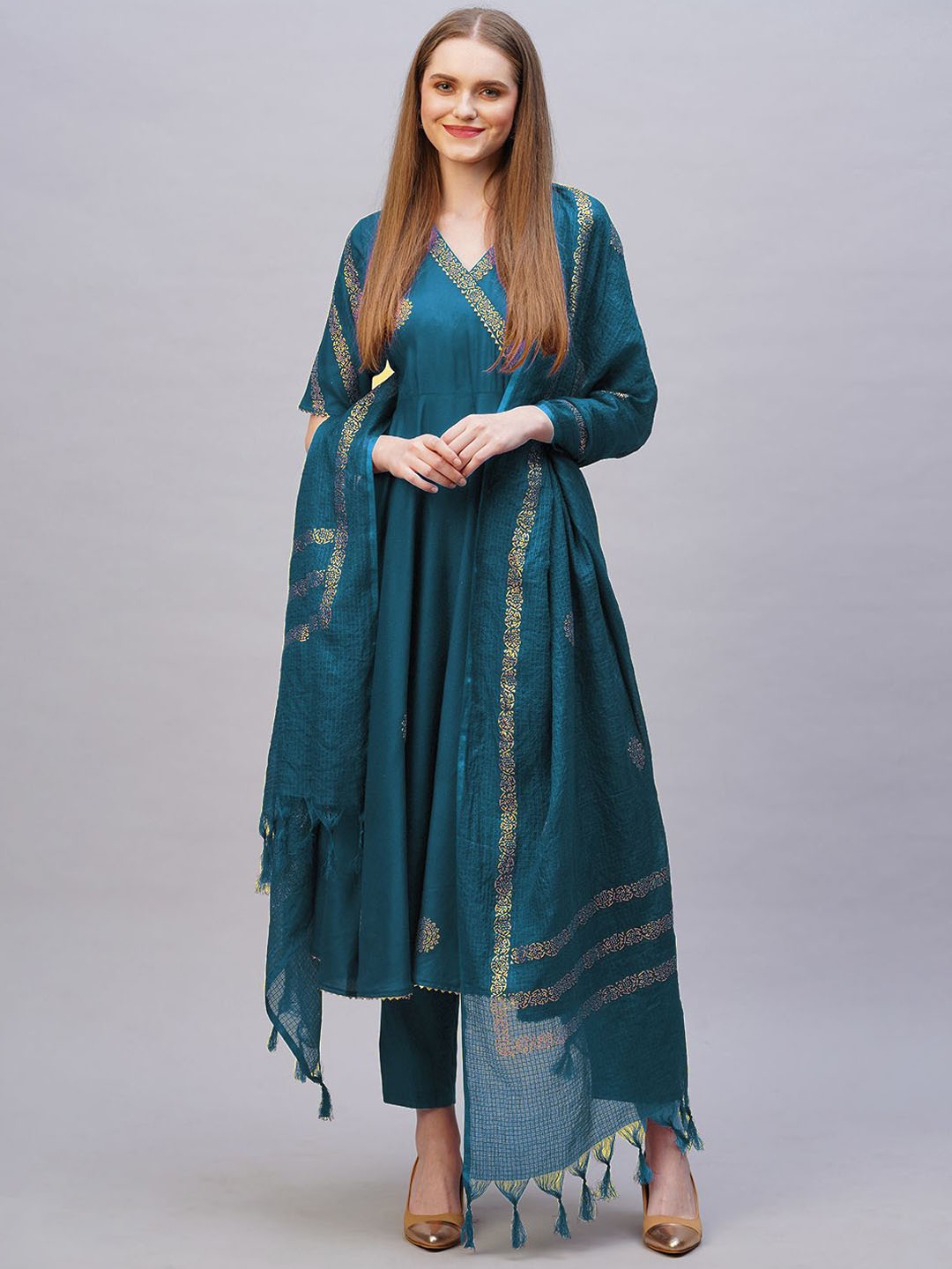 

KALINI Floral Printed Angarkha Styled Anrakali Kurta With Trousers & Dupatta, Blue