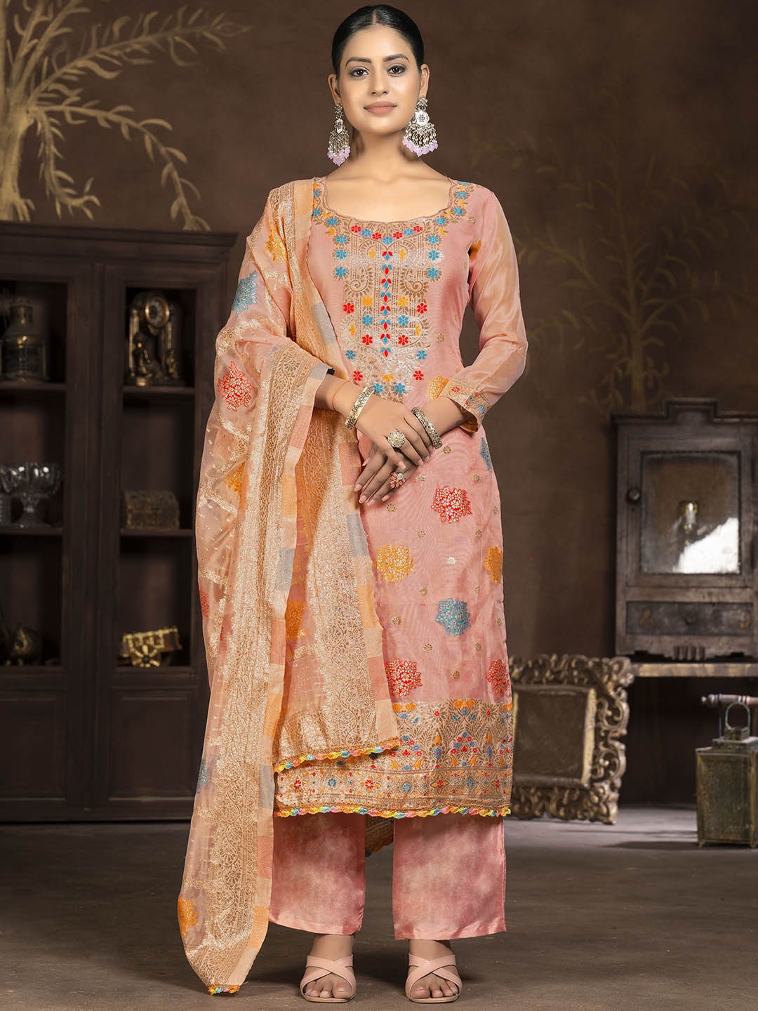 

Maroosh Ethnic Motifs Embellished Organza Unstitched Dress Material, Peach