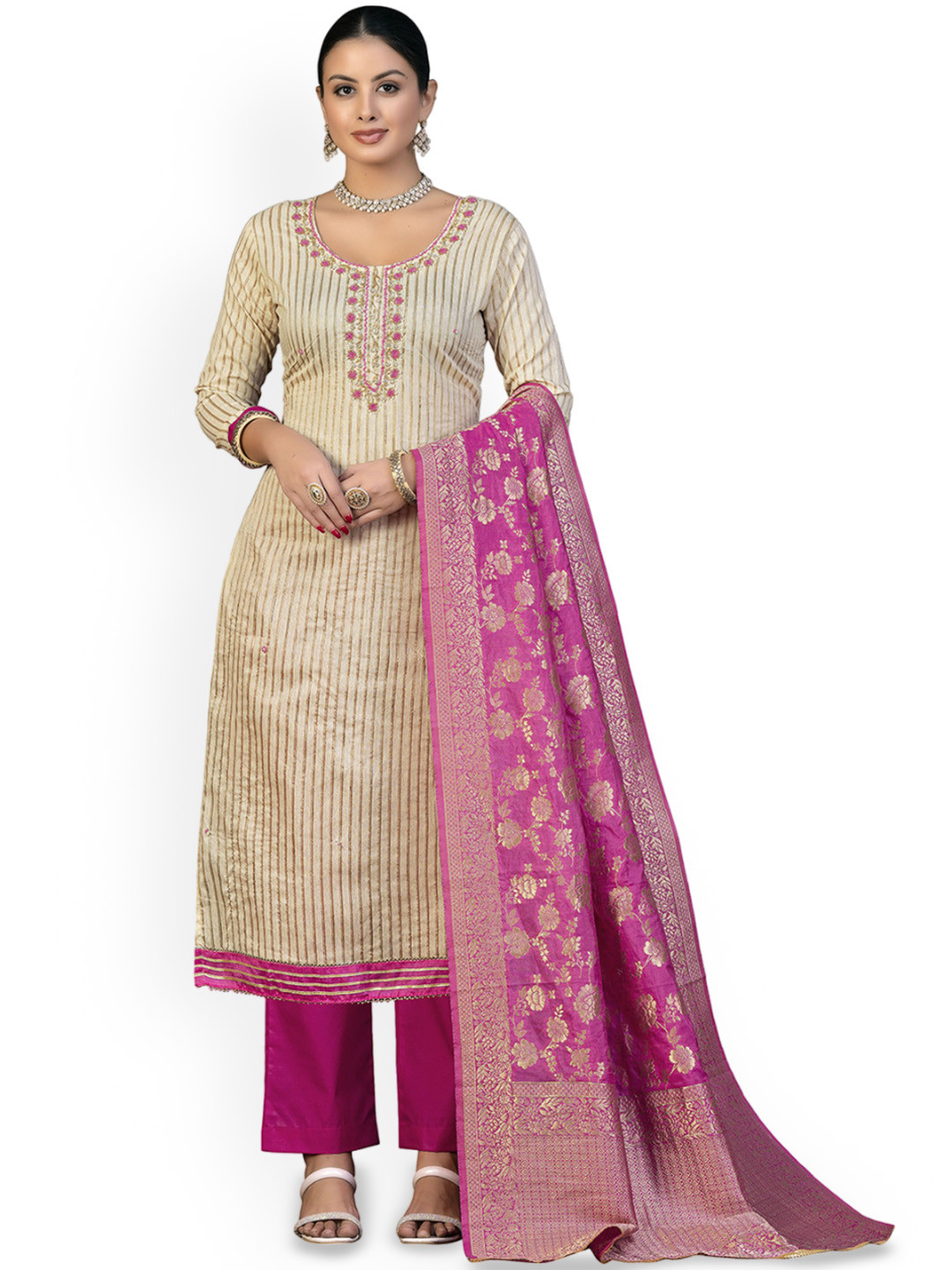 

Maroosh Striped Woven Design Unstitched Dress Material, Beige