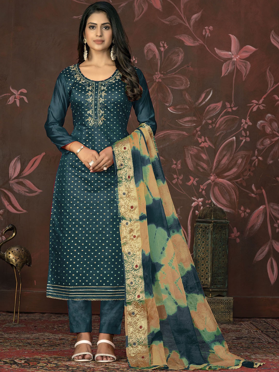 

Maroosh Floral Embellished Beads and Stones Cotton Unstitched Dress Material, Turquoise blue