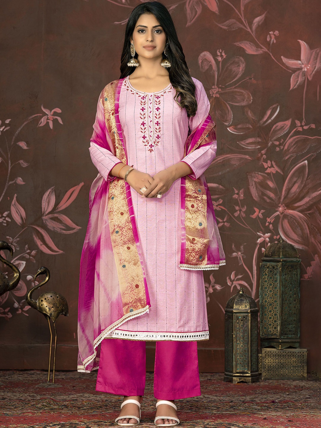 

Maroosh Floral Embellished Beads and Stones Cotton Unstitched Dress Material, Pink