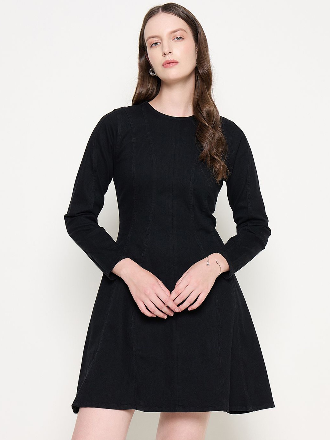 

Madame Women Round Neck Fit & Flare Denim Dress, Black