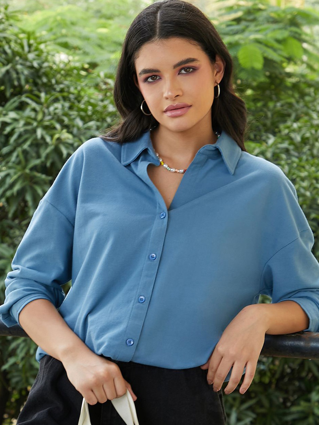 

Campus Sutra Women Comfort Spread Collar Solid Oversized Casual Shirt, Blue