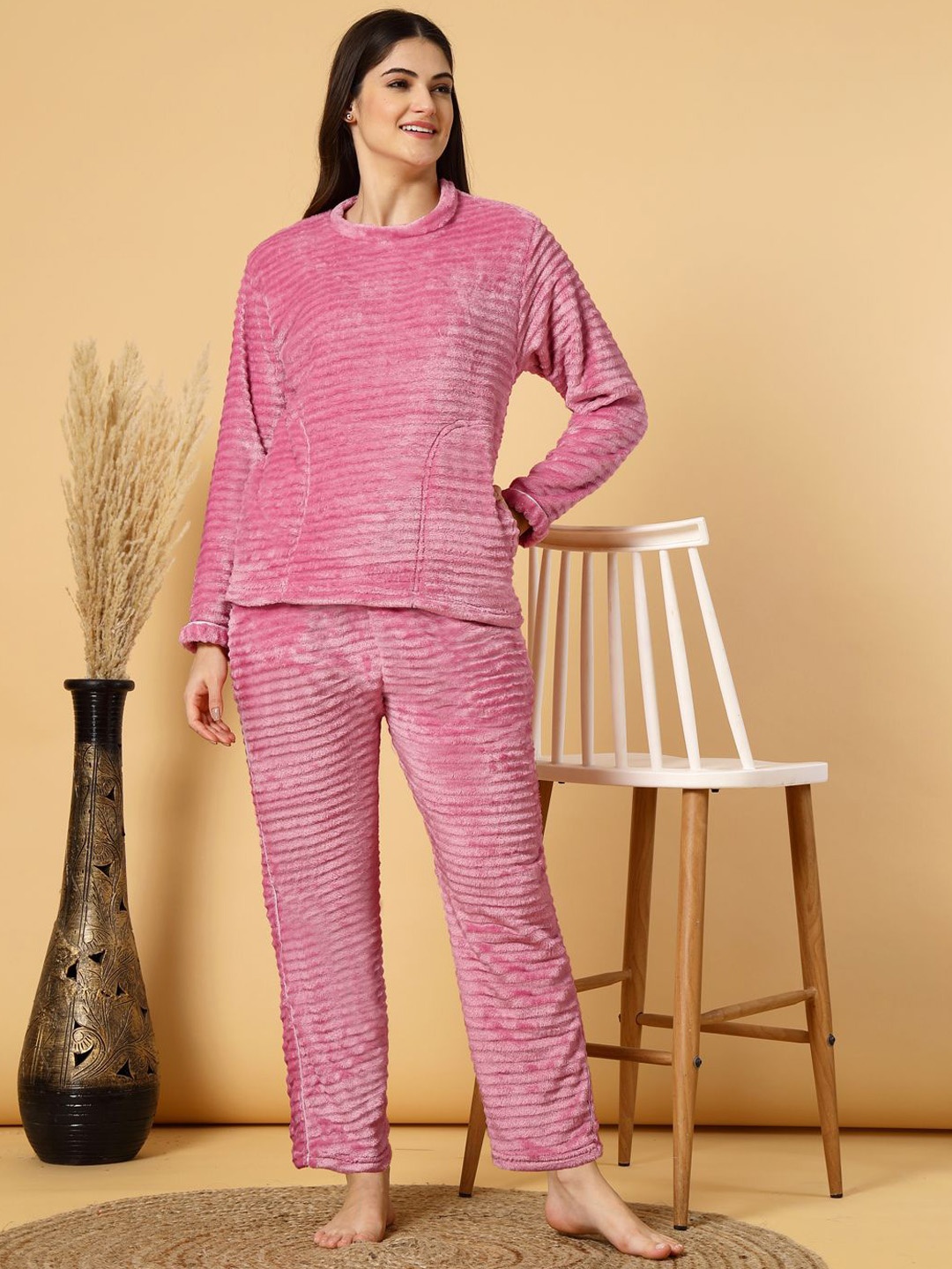 

FABINALIV Striped Round Neck Winter Night Suit with 2 Side Pockets, Pink