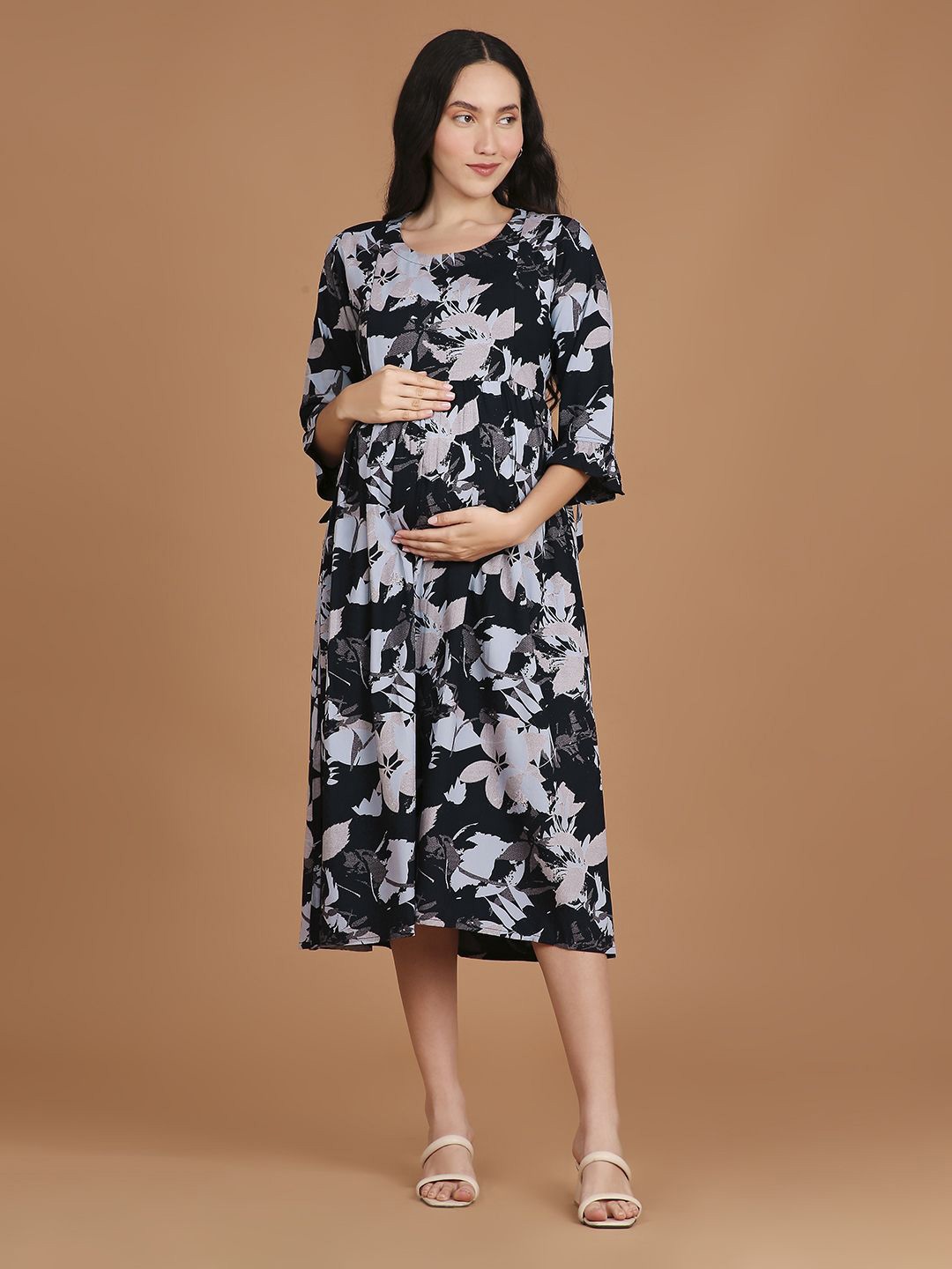 

NIGHTSPREE Women Abstract Printed Round Neck Bell Sleeves Maternity Fit & Flare Midi Dress, Navy blue