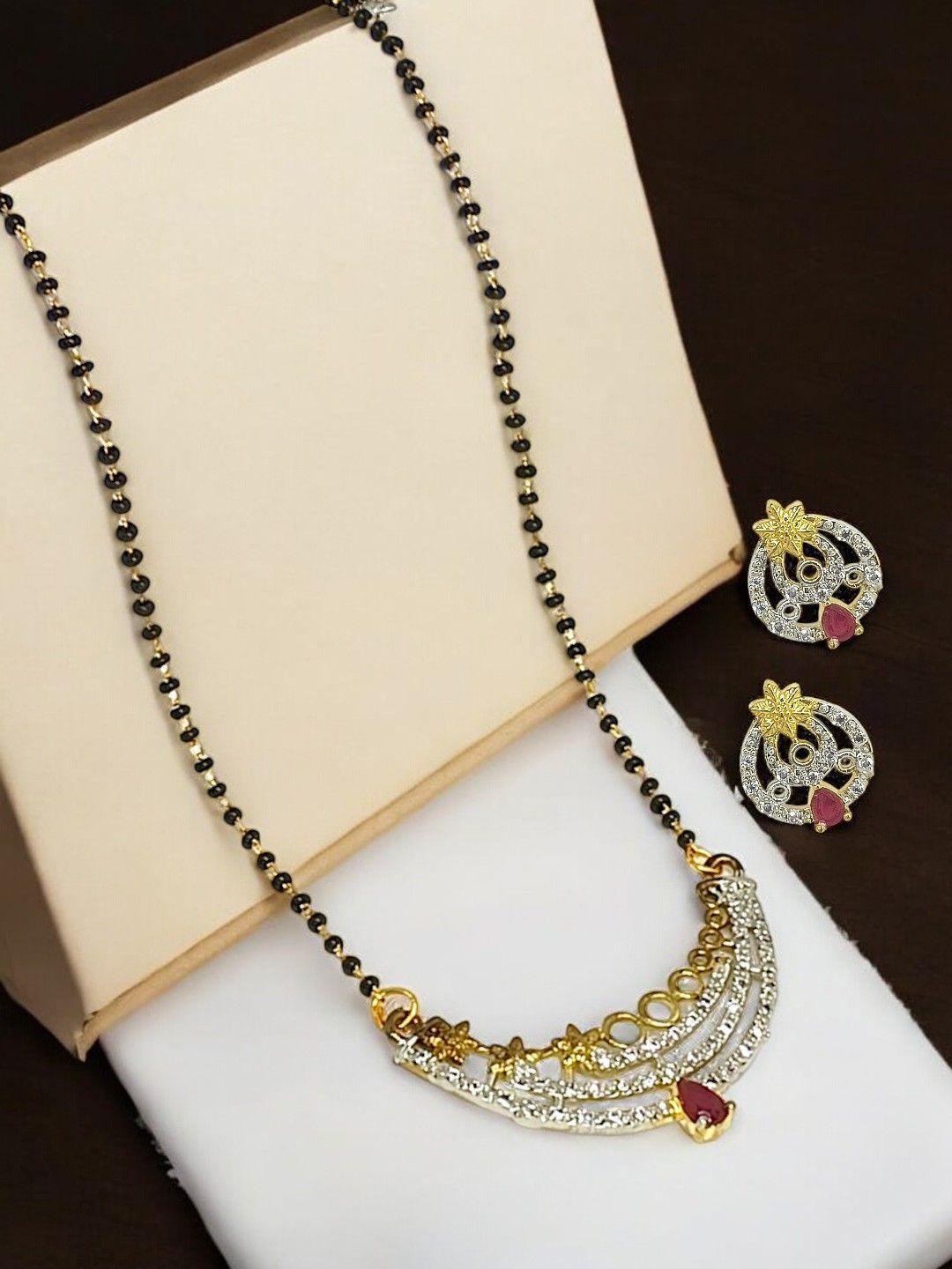 

9blings Gold-Plated American Diamond Studded And Beaded Mangalsutra With Earring