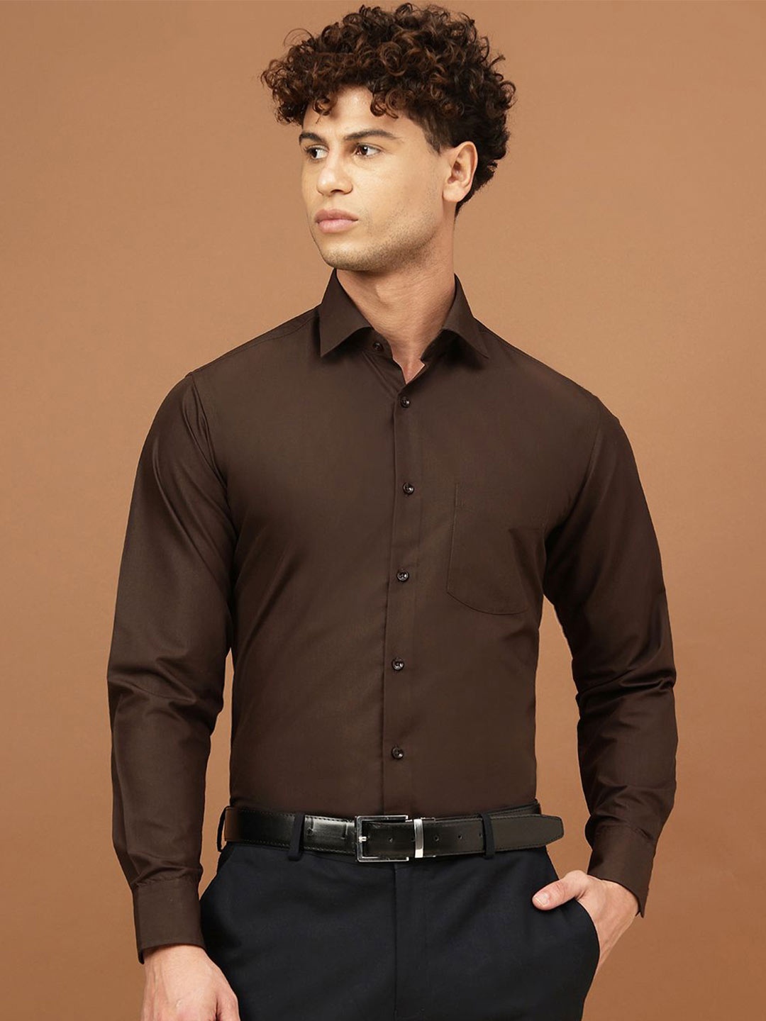 

Richlook Men Comfort Spread Collar Solid Cotton Formal Shirt, Brown