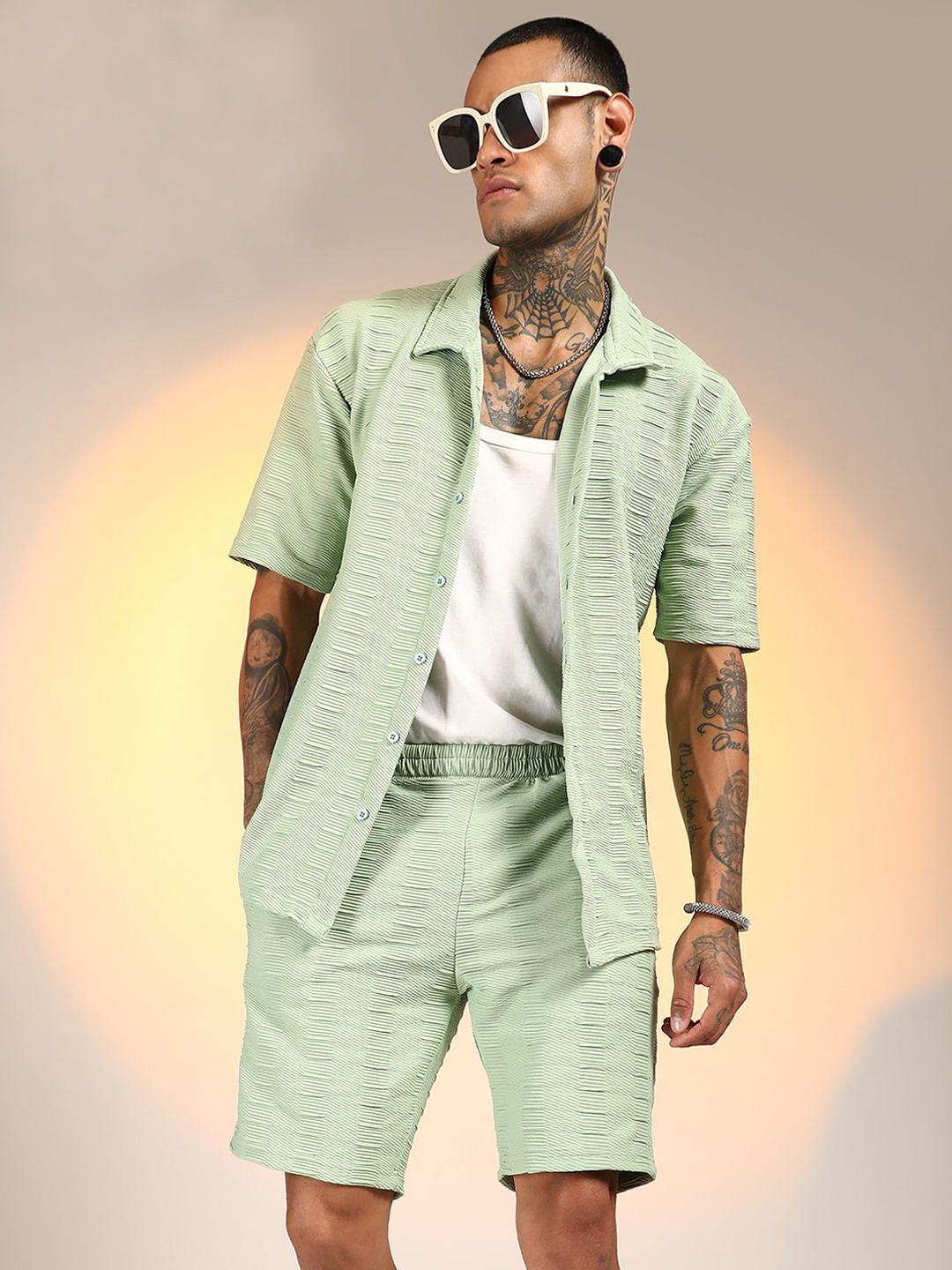 

Campus Sutra Self-Designed Shirt & Shorts Co-Ord Set, Green