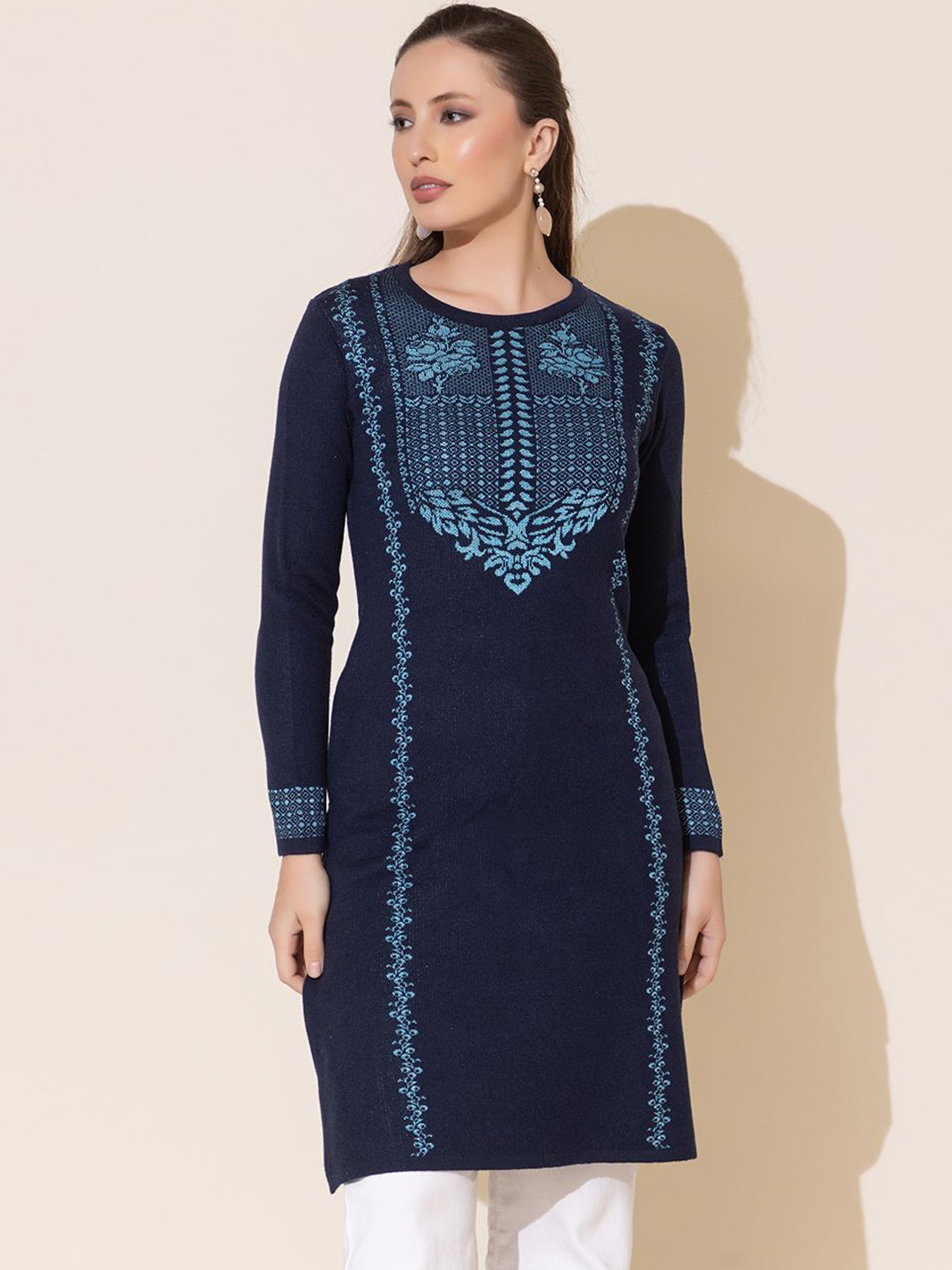

Anouk Navy Blue Ethnic Motifs Woven Design Round Neck Jacquard Straight Kurta