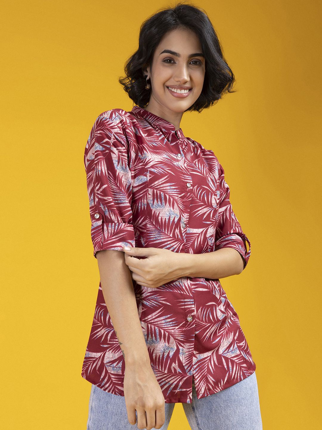 

KALINI Women Classic Mandarin Collar Floral Printed Cotton Casual Shirt, Red