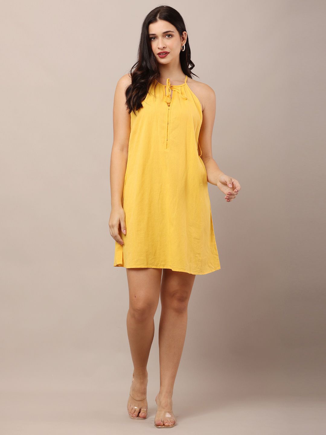 

NoBarr Women Halter Neck A-Line Cotton Dress, Yellow