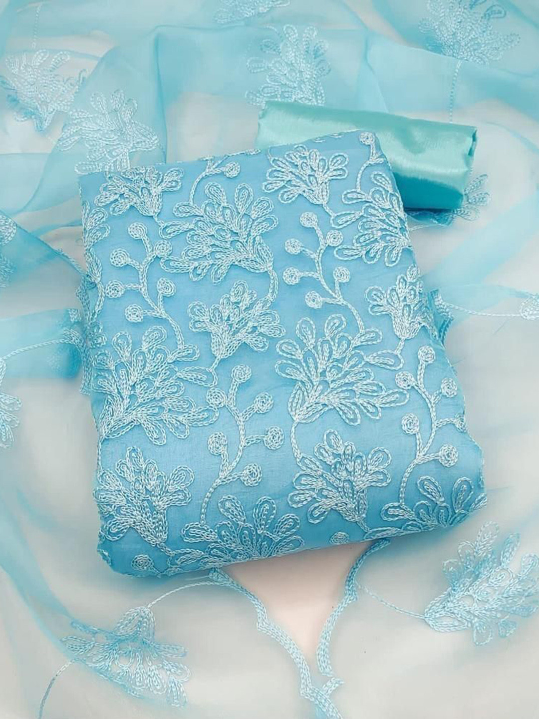 

Sidhidata Floral Embroidered Thread Work Organza Unstitched Dress Material, Blue