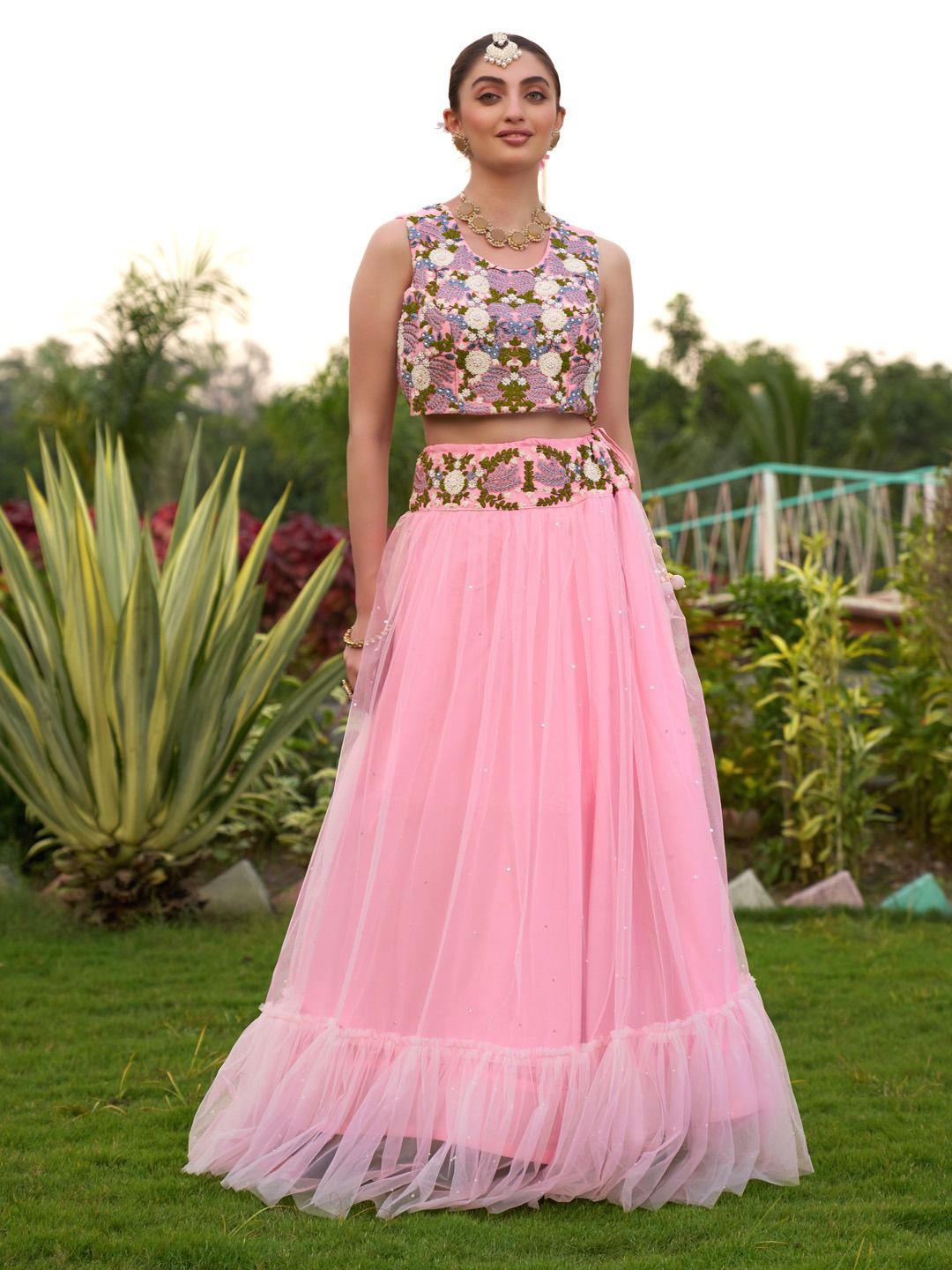 

JIVORA Embroidered Thread Work Ready to Wear Lehenga & Blouse With Dupatta, Pink