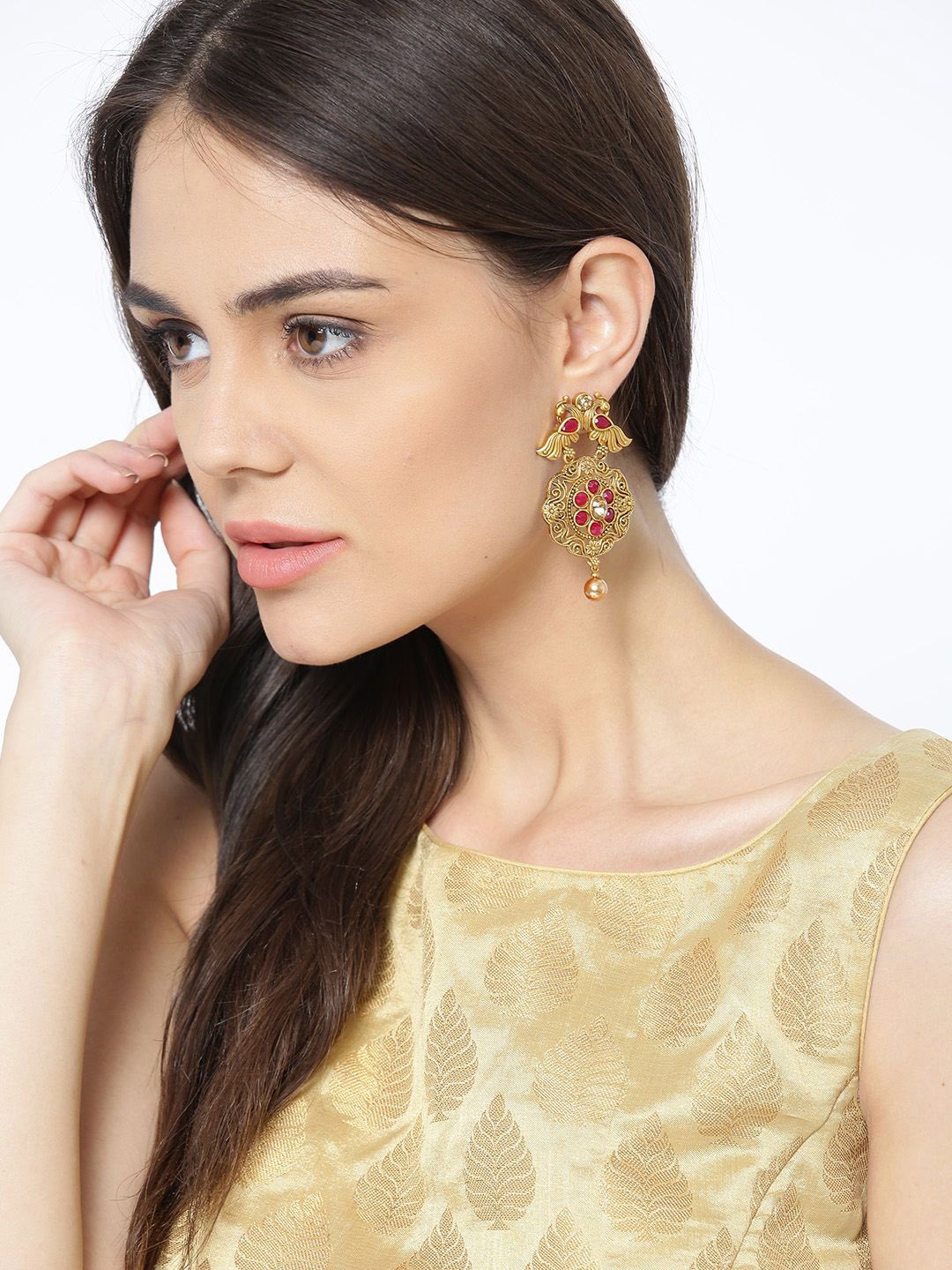 

Anouk Pink Gold-Plated Stone Studded & Beaded Peacock Shaped Drop Earrings