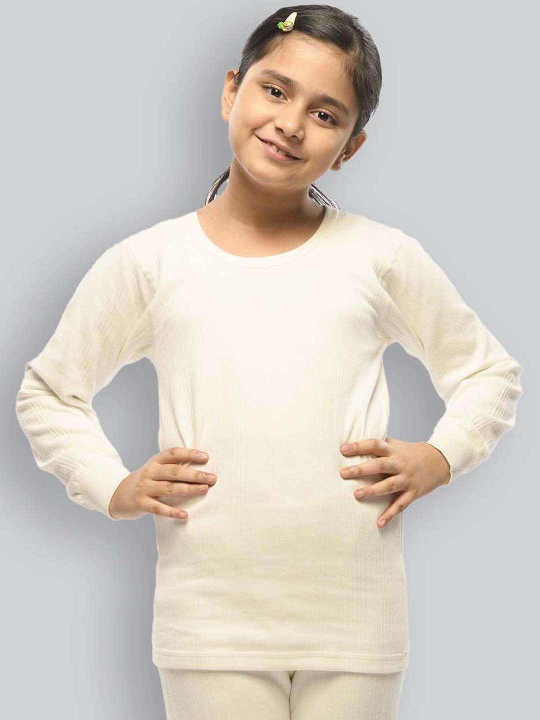 

INFERNO Girls Round Neck Striped Cotton Thermal Tops, White