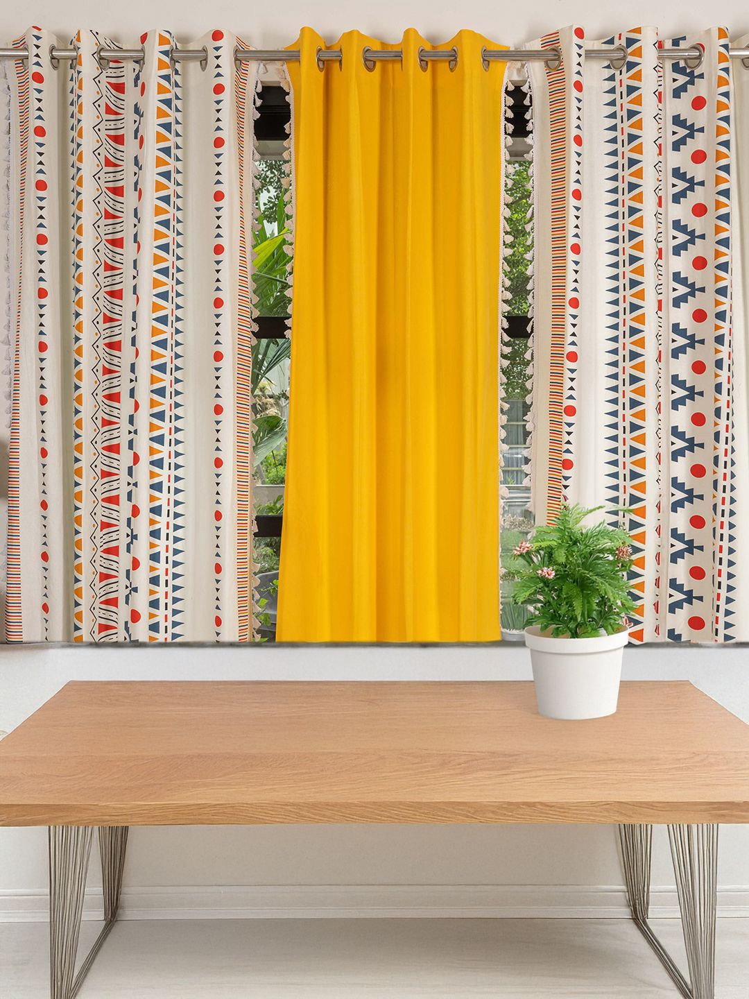 

URBAN SPACE Yellow & Cream-Coloured 3 Pieces Cotton Geometric Window Curtain