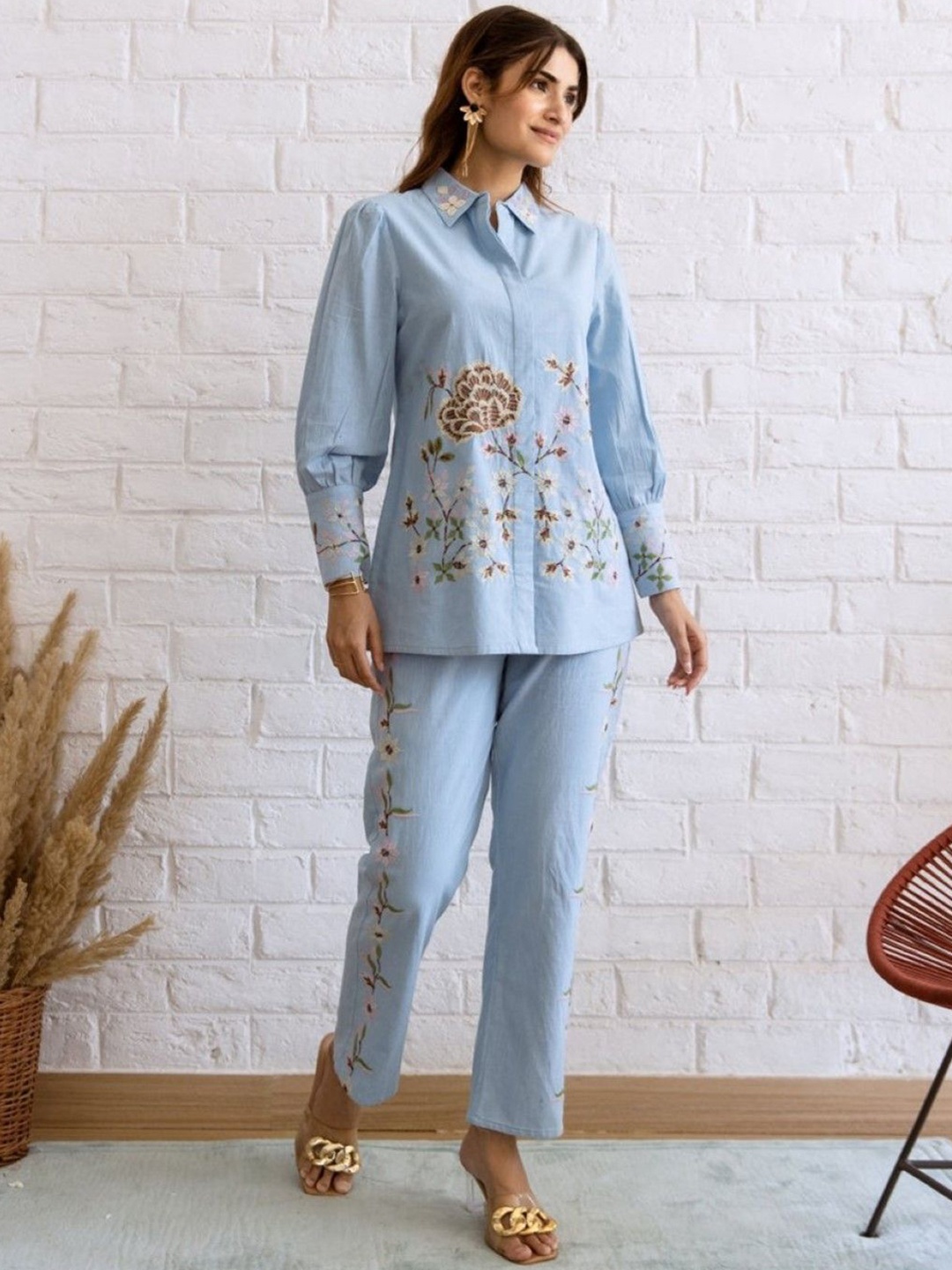 

AUTUMN LANE Embroidered Pure Cotton Top With Trousers, Blue