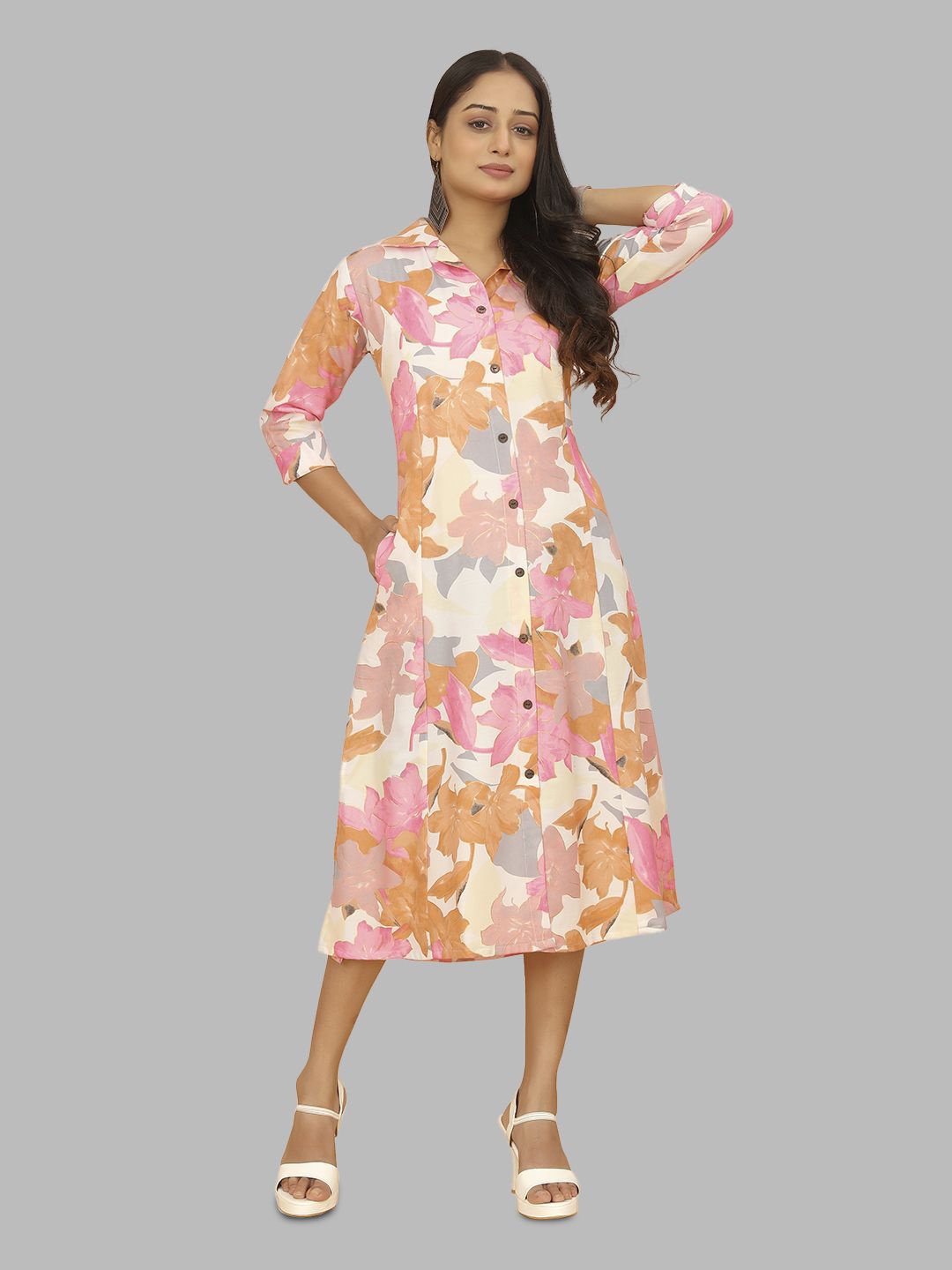 

Flossy Women Shirt Collar Printed Dress, Pink