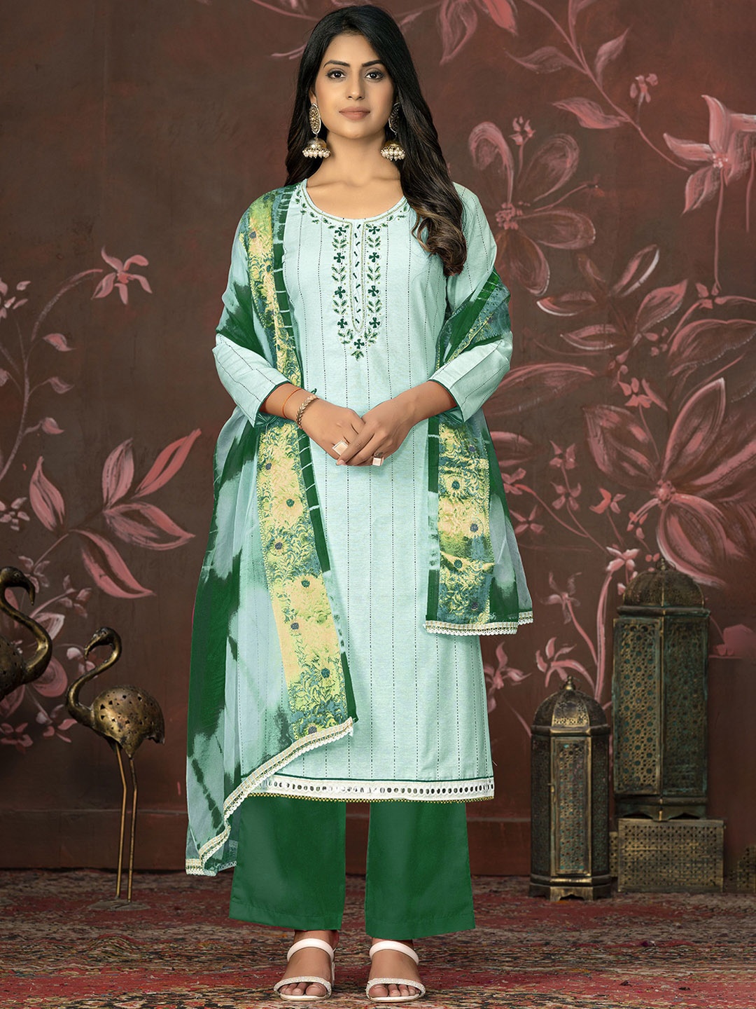 

Maroosh Floral Embellished Beads and Stones Unstitched Dress Material, Sea green