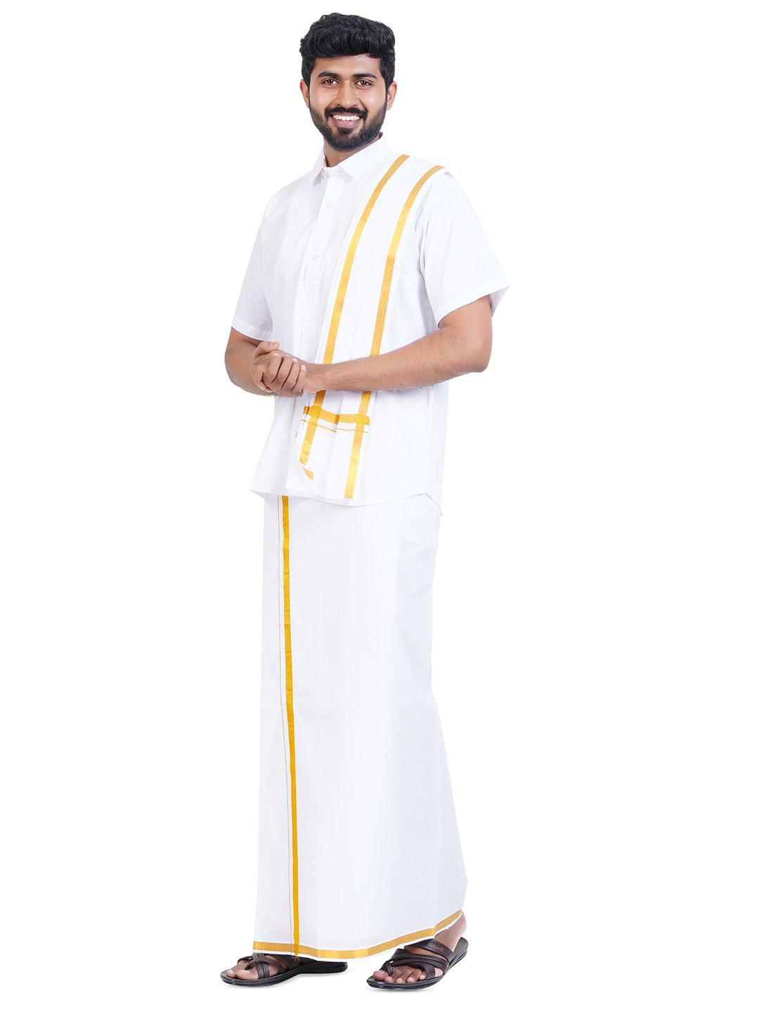 

Ethazh Men Pure Cotton Shirt with Adjustable Veshti & Angavasthiram, White