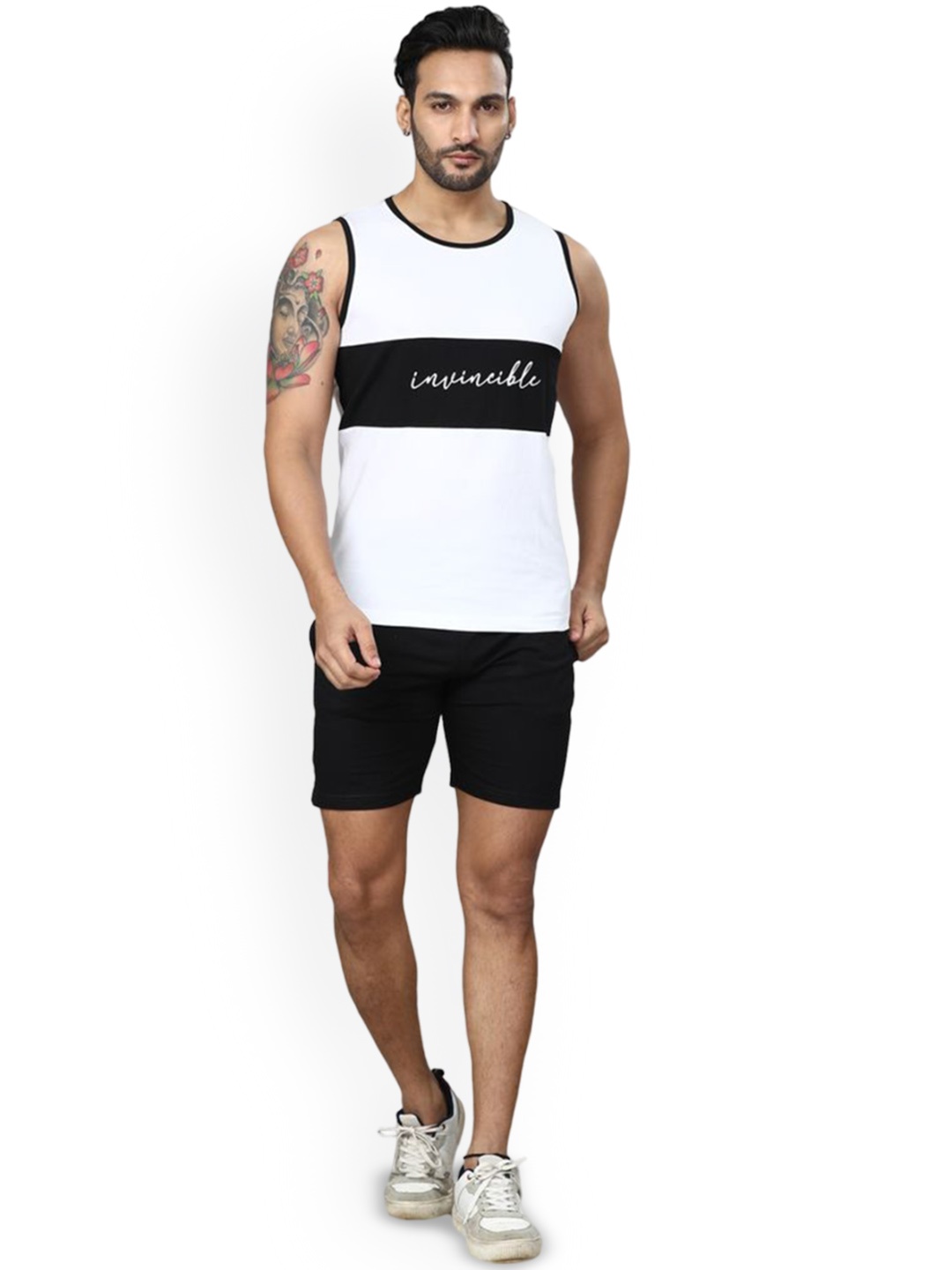 

KOVIRA Printed Sleeveless T-Shirt With Shorts Co-Ords, White