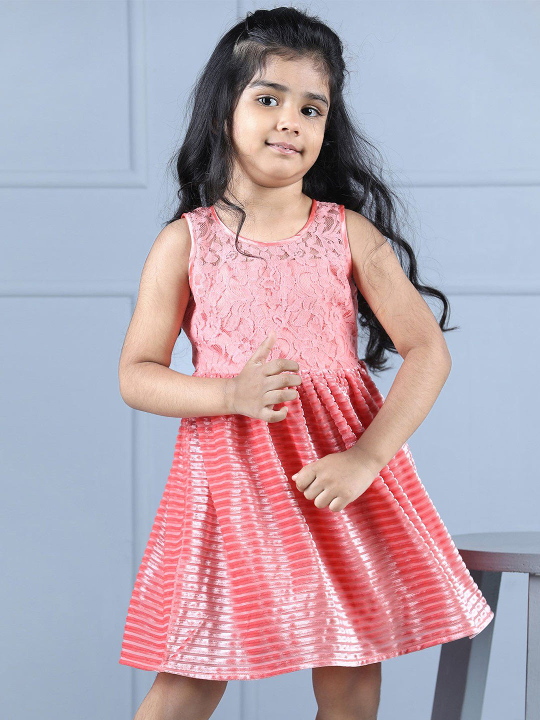 

Hola Bonita Girls Floral Self Design A-Line Knee Length Dress, Coral