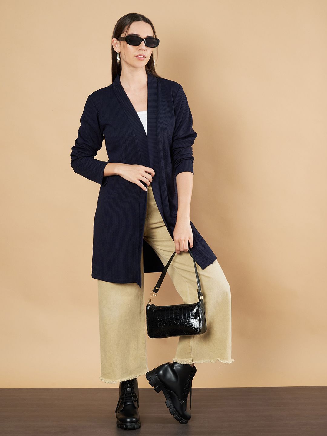 

Fbella Self Design Longline Open Front Shrug, Navy blue
