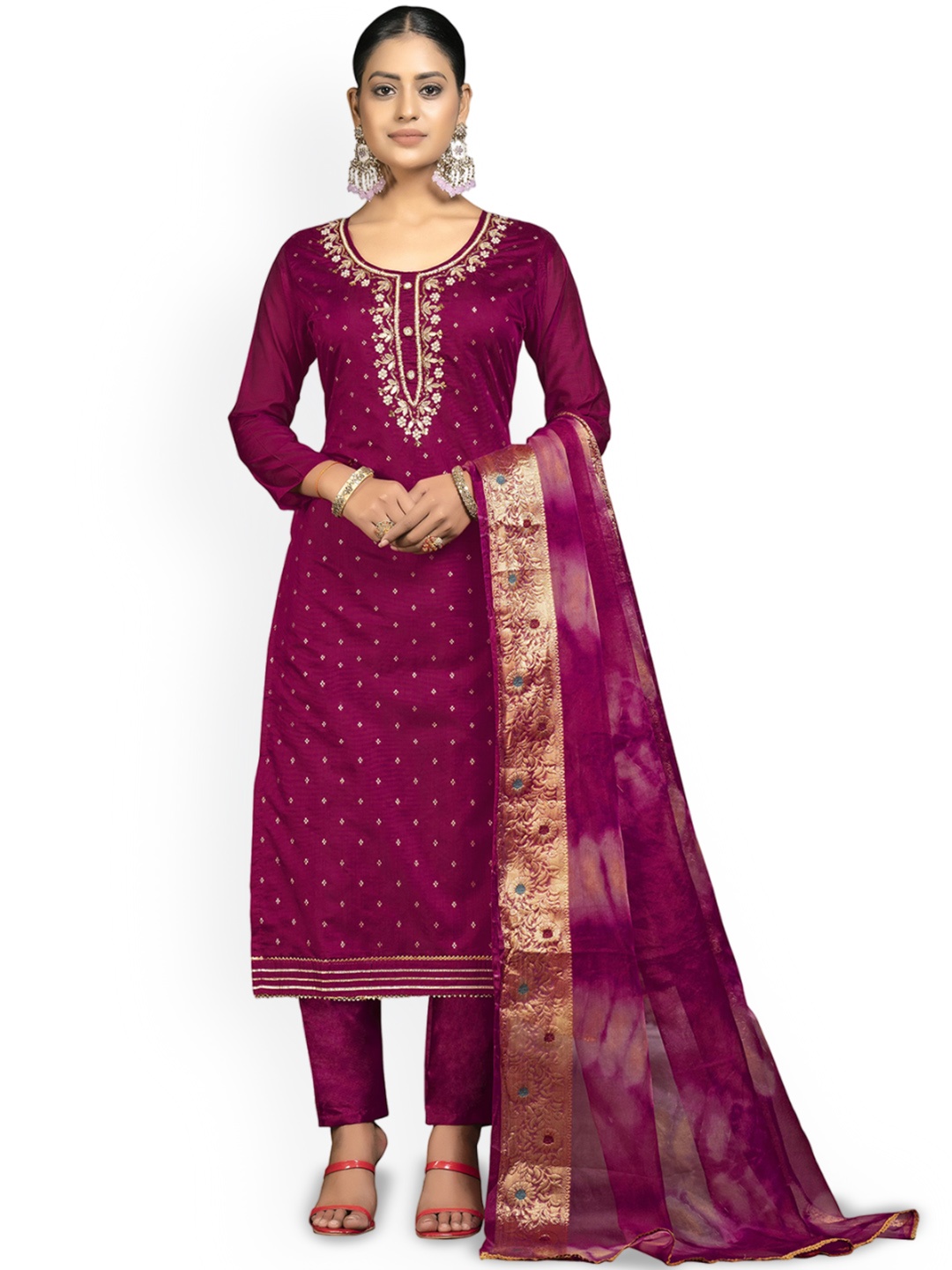 

Maroosh Floral Embellished Beads and Stones Banarasi Unstitched Dress Material, Magenta