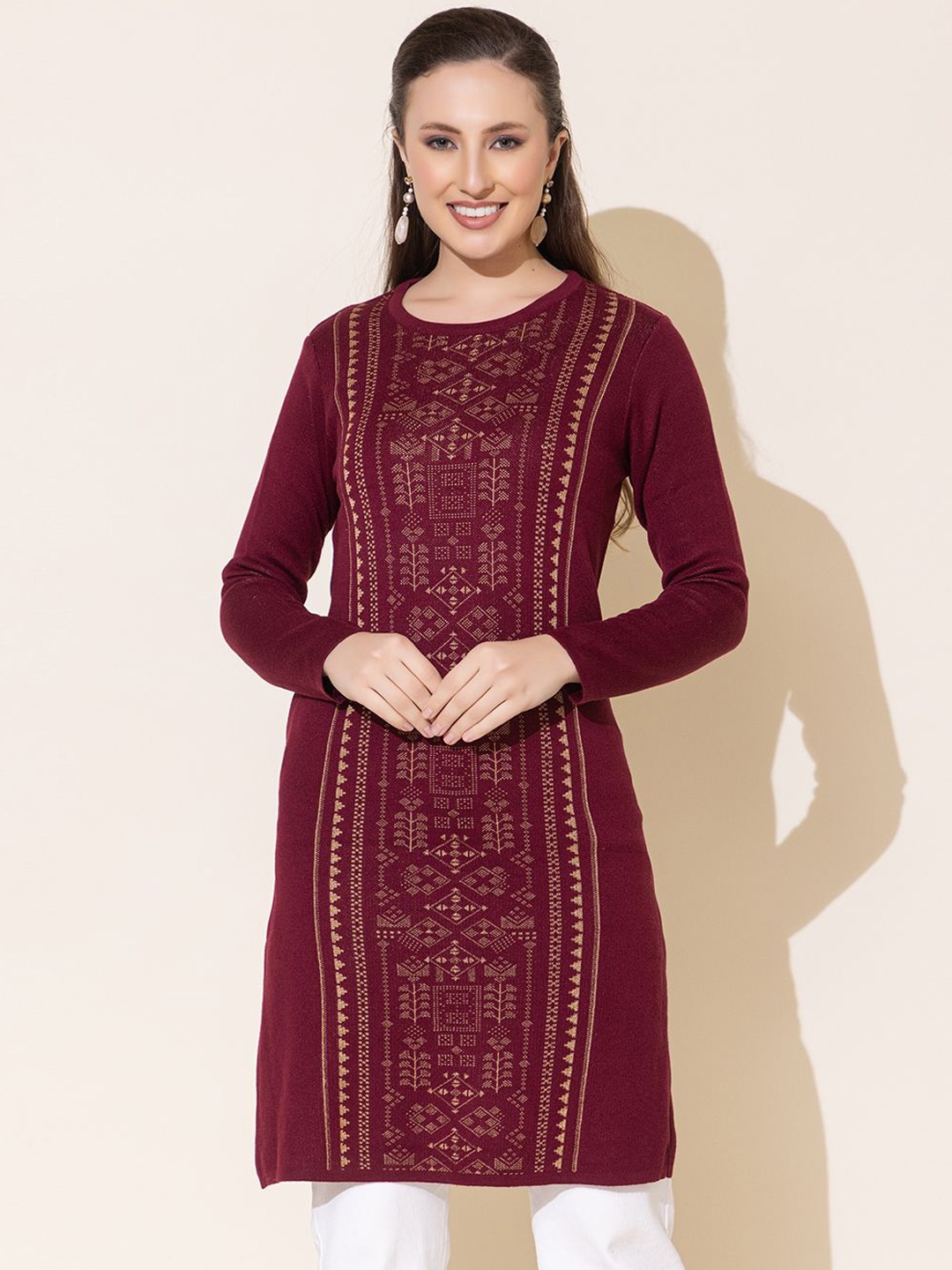 

Anouk Burgundy Ethnic Motifs Woven Design Round Neck Jacquard Straight Kurta