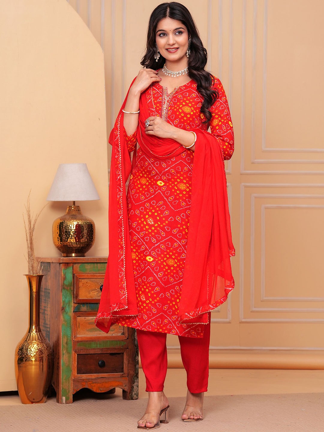 

Light Daisy Bandhani Printed Sequined Straight Kurta With Trousers & Dupatta, Red