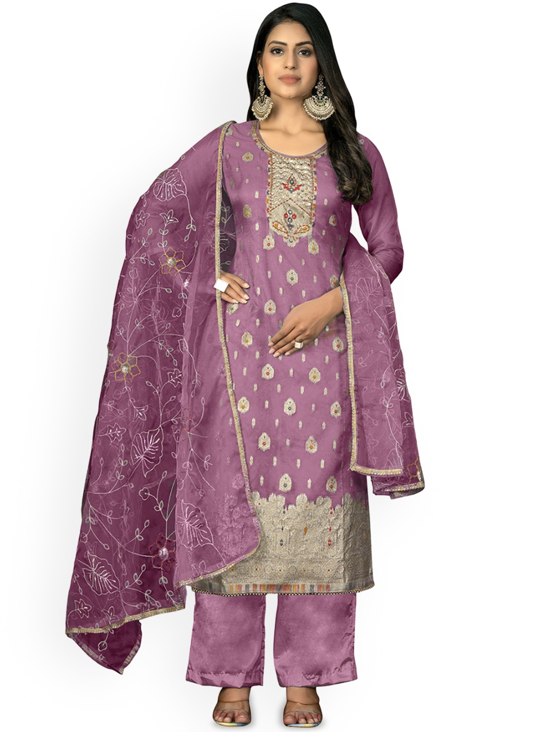 

Maroosh Floral Embroidered Organza Unstitched Dress Material, Purple